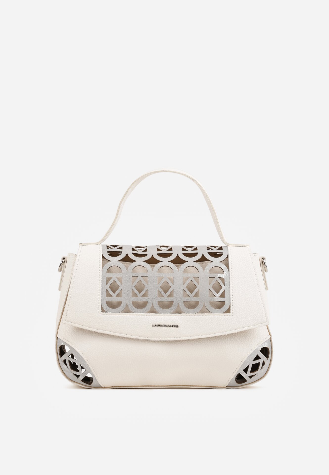 Geantă crossbody cu mâner, decorată cu inserții ajurate Nomipea Albă