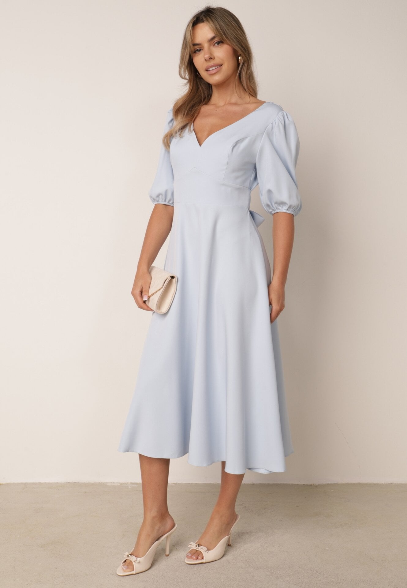 Rochie elegantă cu mâneci bufante și tip cravată la spate Zeepy Albastră