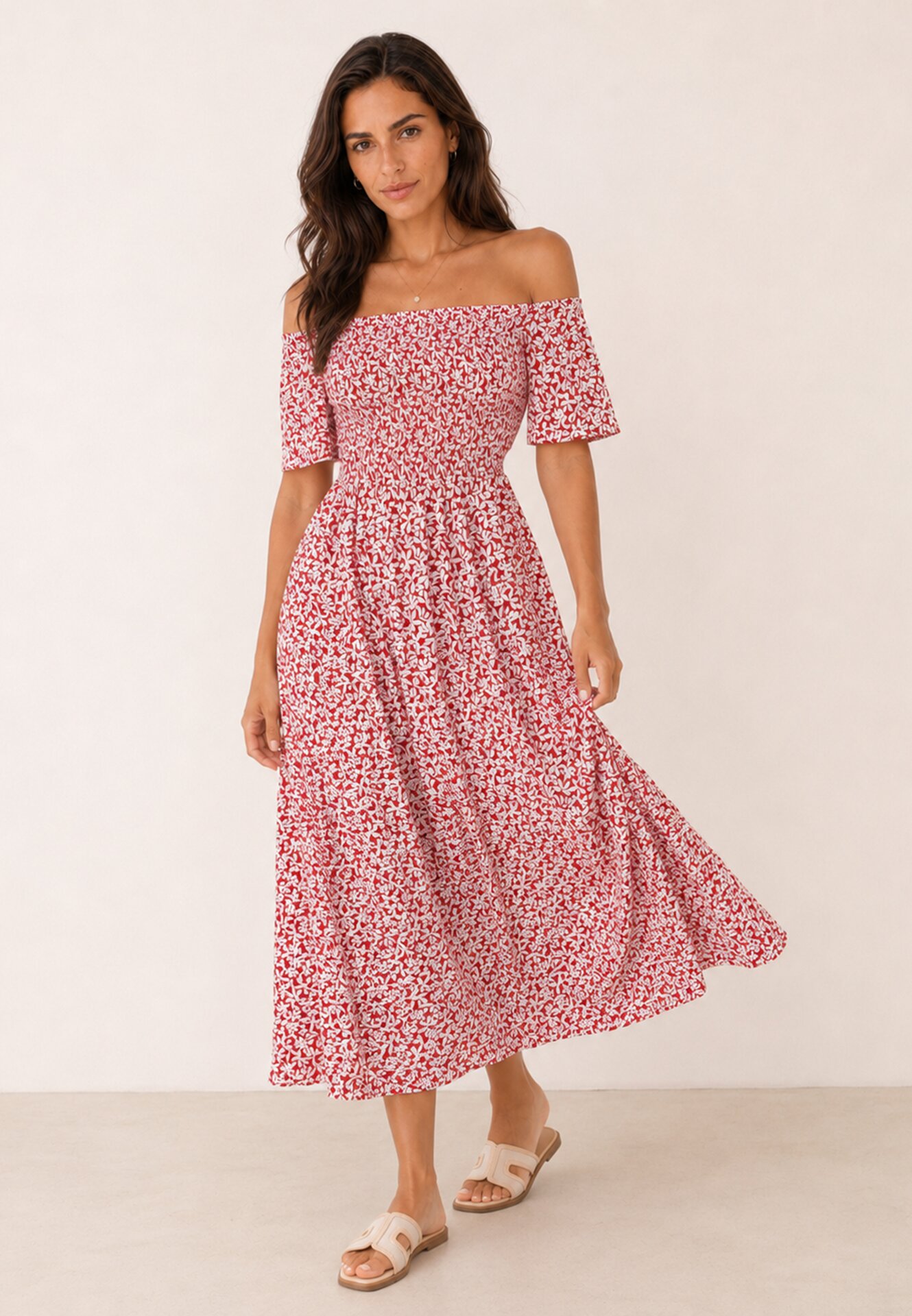 Rochie din bumbac, tip bardot, cu model vegetal și parte superioară încrețită Mothesa Roșie
