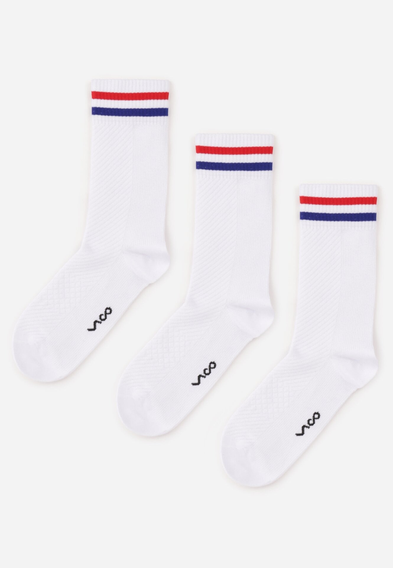 Set 3 șosete înalte din bumbac, cu dungi, decorate cu bandă Ansson Albe