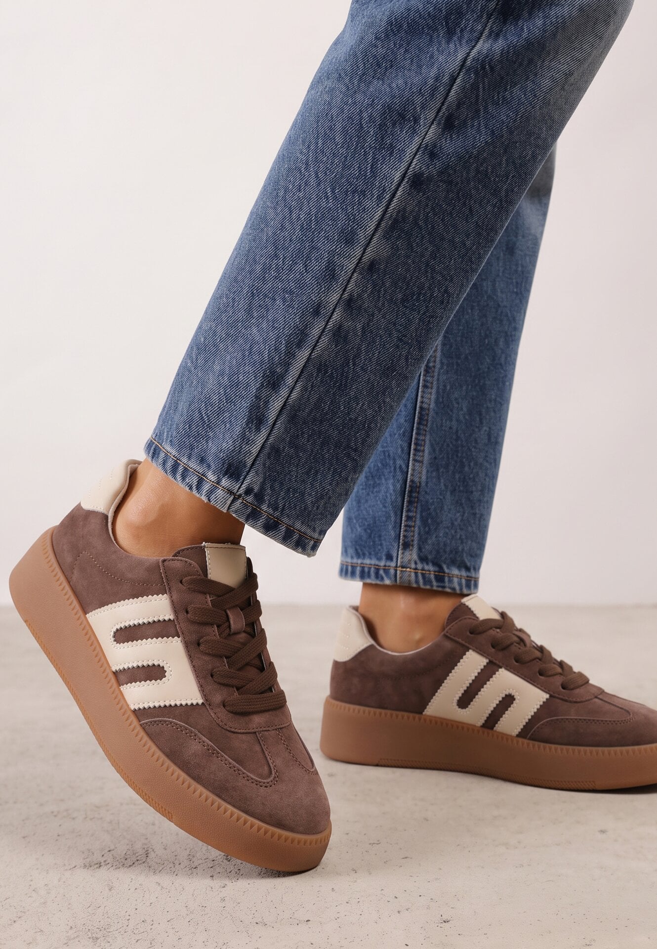 Sneakers din piele întoarsă naturală în stil de pantofi de tenis cu model geometric Lonive Bej închis Maro Maro închis
