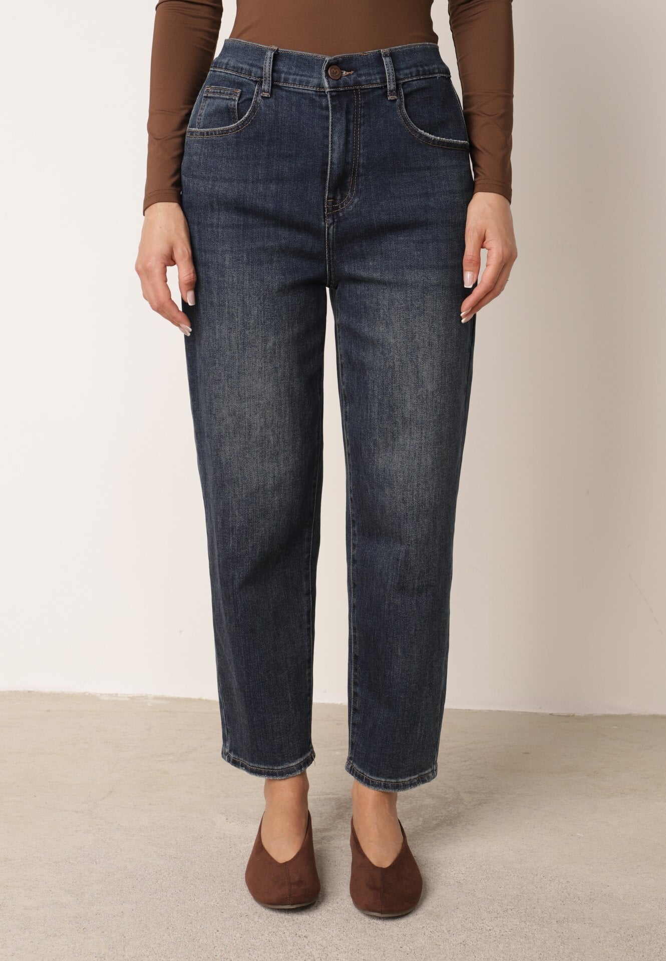 Blugi Mom Fit Casual cu bumbac și elastic în talie Meusa Bleumarin