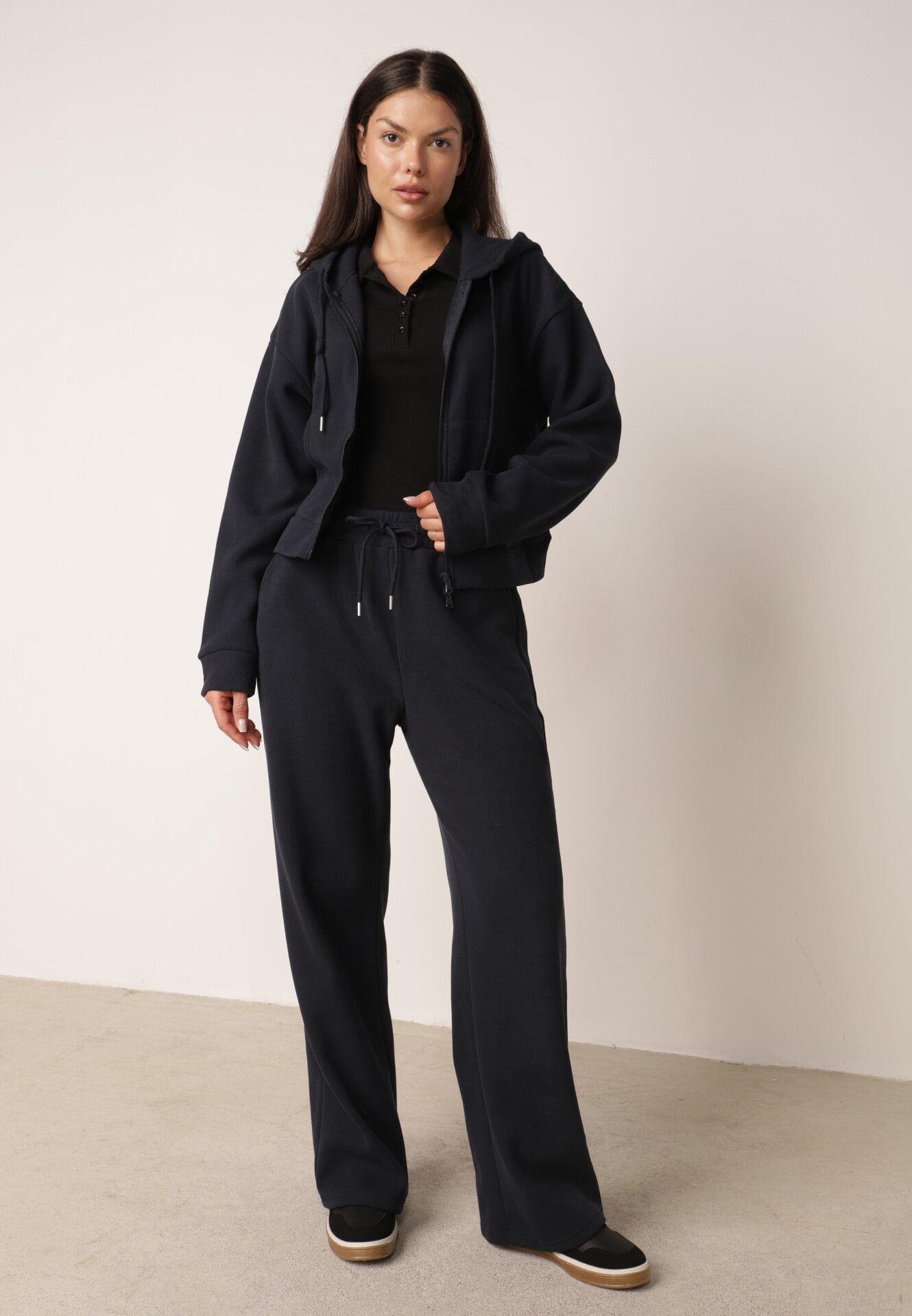 Set de trening din tricot rib, pantaloni largi și bluză cu glugă Sinoh Bleumarin