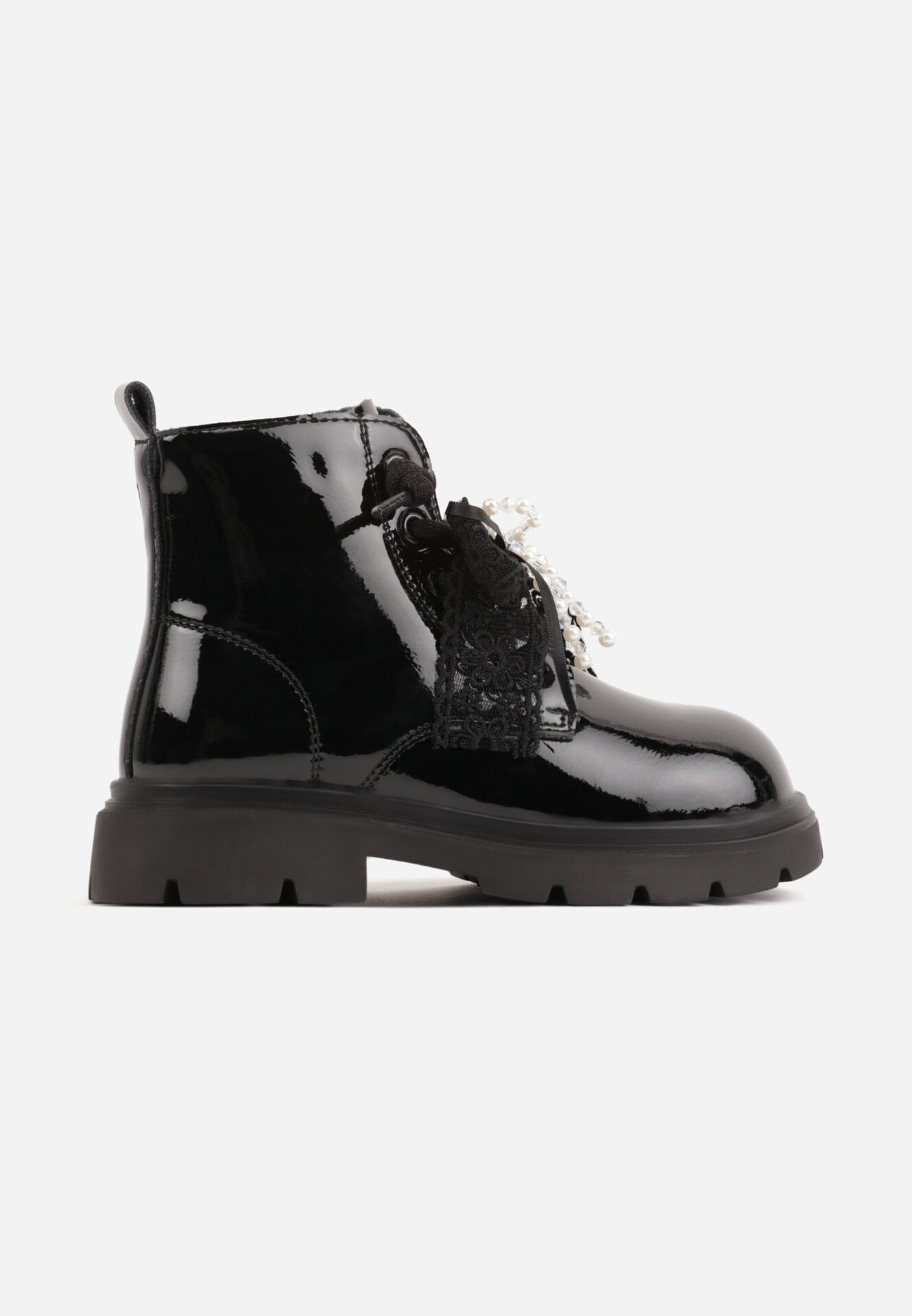 Botine lăcuite cu talpă profilată și fundiță decorativă detașabilă Raimara Negre