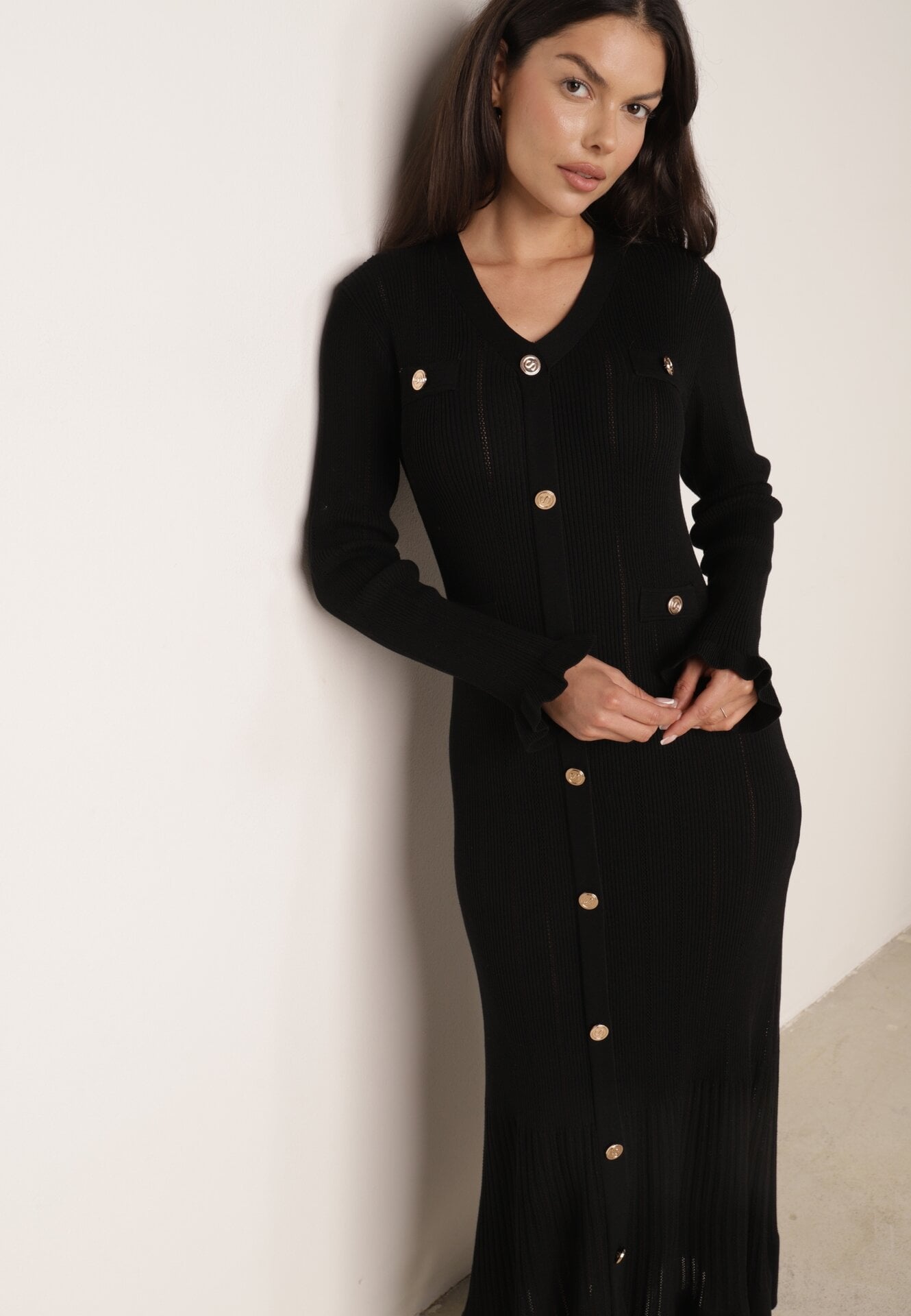 Rochie din tricot, asortată, din vâscoză, cu volane și nasturi Ivry Neagră
