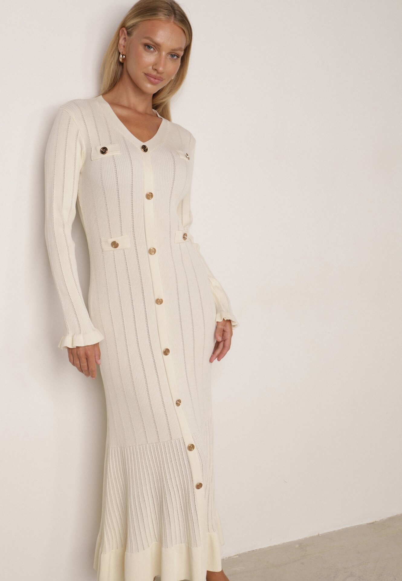 Rochie din tricot, asortată, din vâscoză, cu volane și nasturi Ivry Bej
