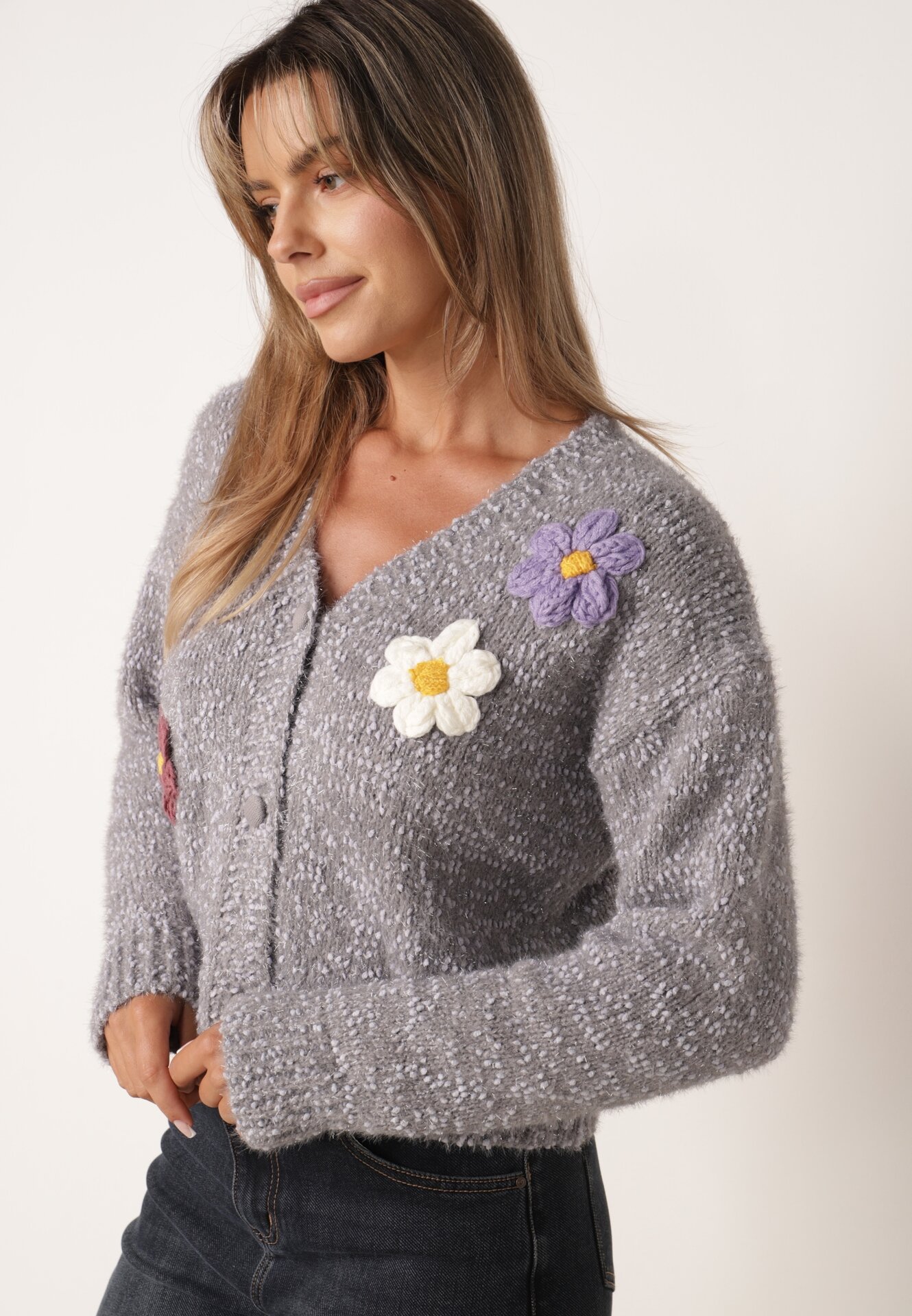 Cardigan cu adaos de lână, decorat cu flori 3D cu fir metalic Kaye Gri