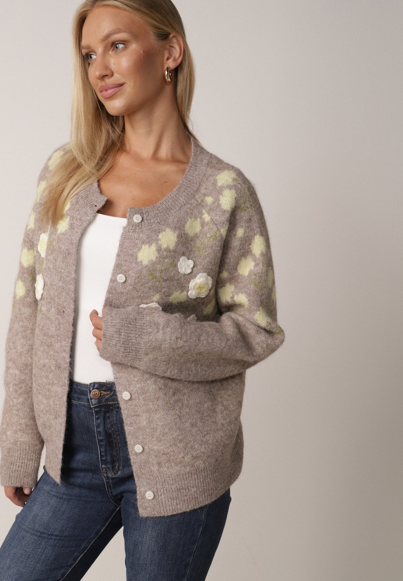 Cardigan cu lână, cu nasturi, decorat cu flori 3D Anza Maro