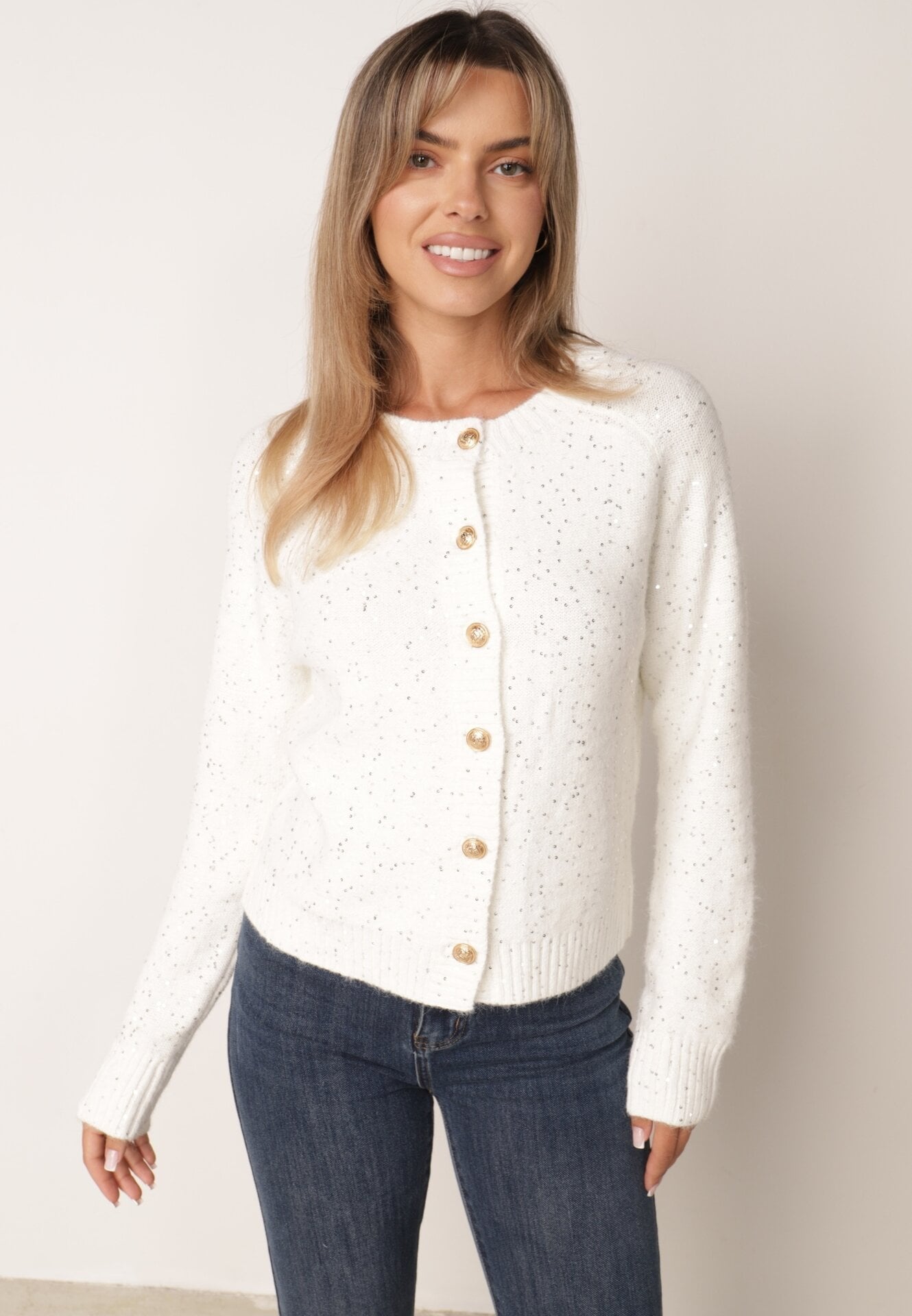 Cardigan oversize decorat cu paiete, cu adaos de lână Arawen Alb