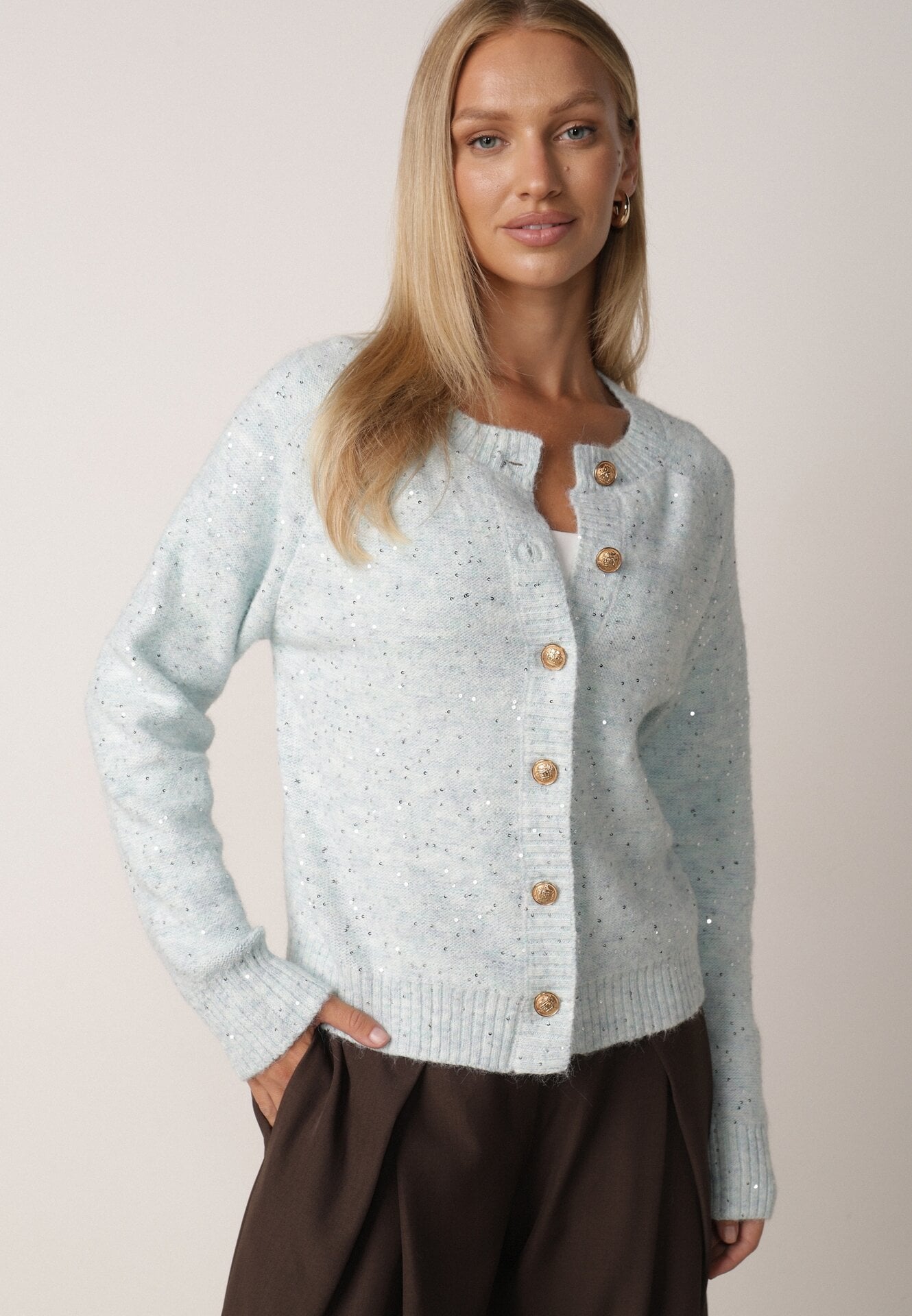 Cardigan oversize decorat cu paiete, cu adaos de lână Arawen Albastru deschis