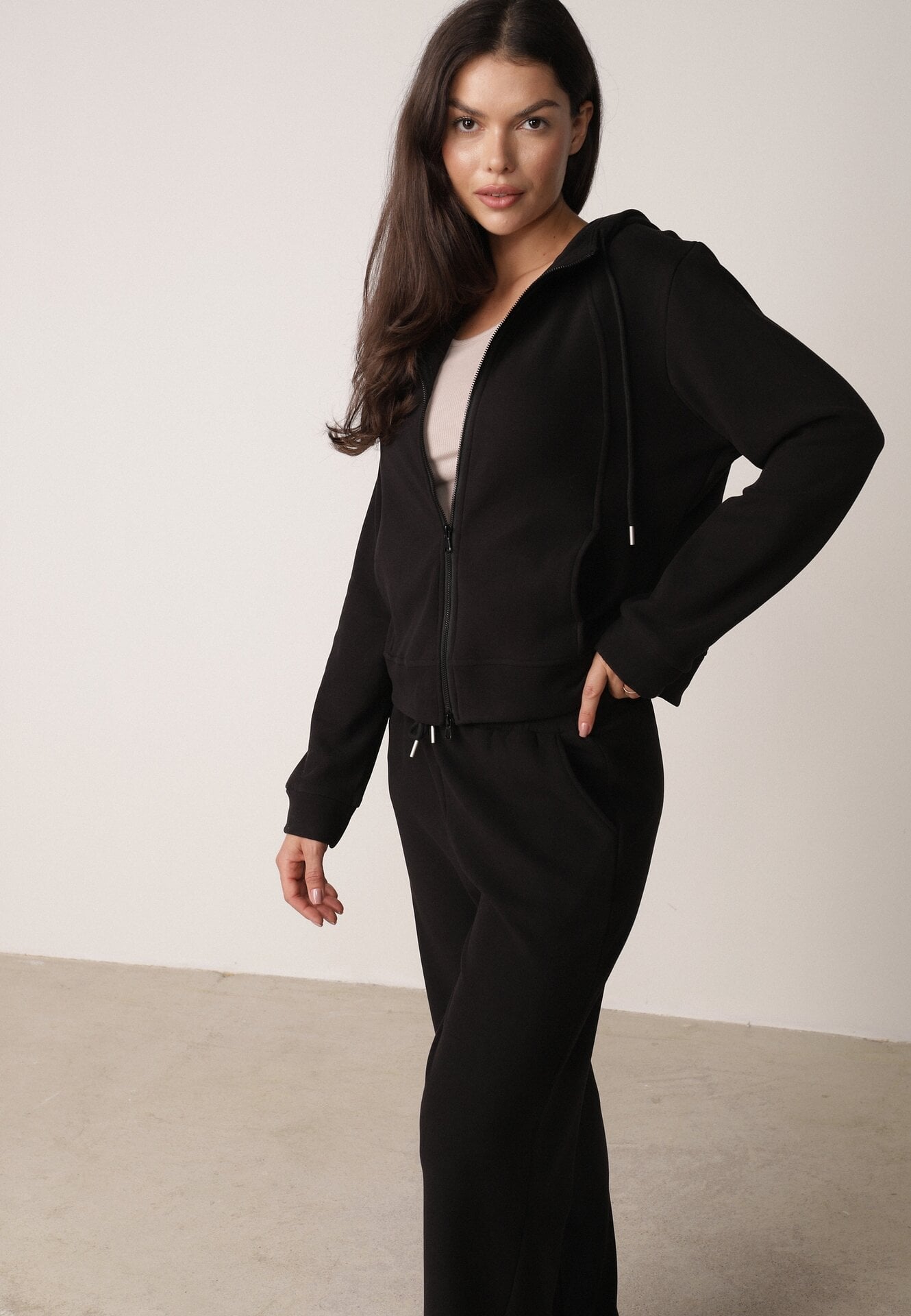 Compleu de trening polar cu hanorac cu fermoar și pantaloni largi Dorothisa Negru