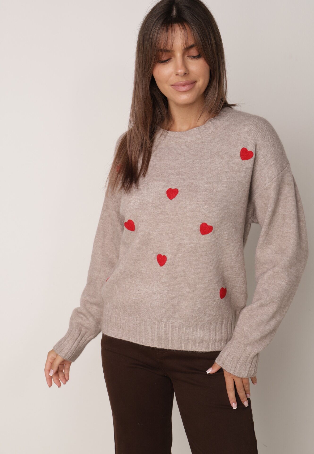 Pulover Clasic cu Lână și Bumbac, Decorat cu Broderie în Formă de Inimioare Agastina Bej