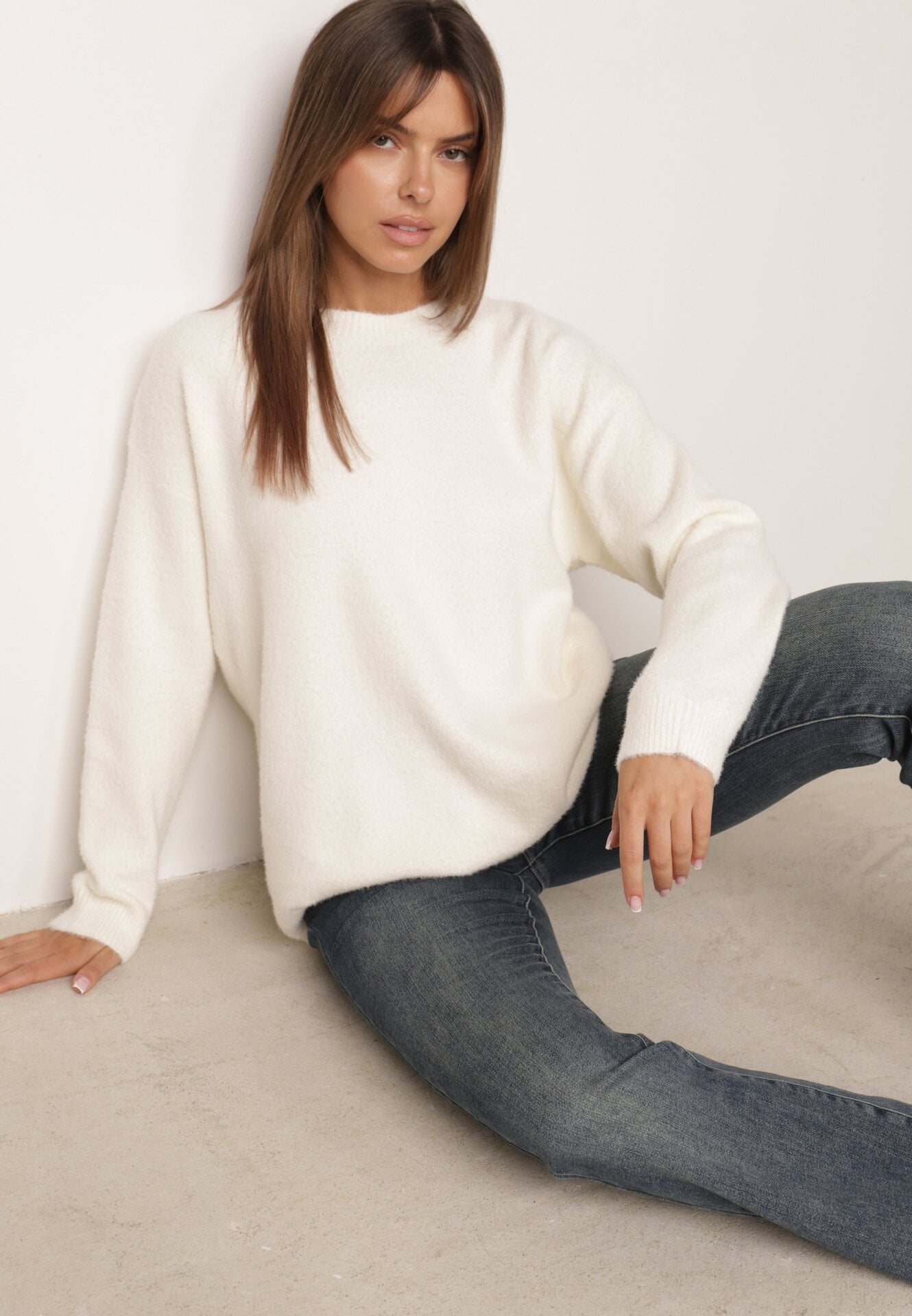 Pulover oversize din lână și bumbac, în stil minimalist, Azrele Bej deschis