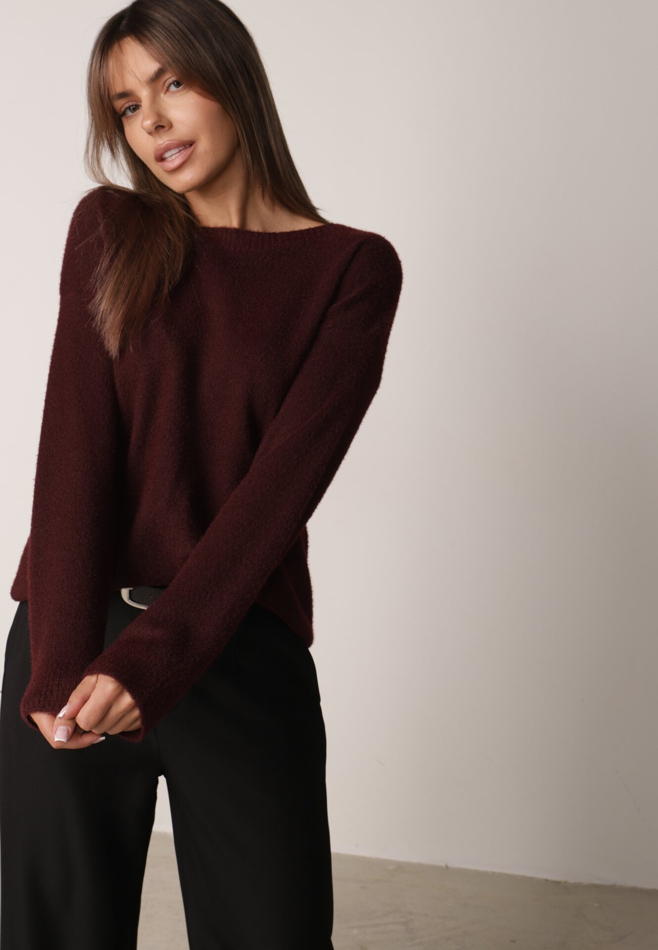 Pulover oversize din lână și bumbac, în stil minimalist, Azrele Bordo