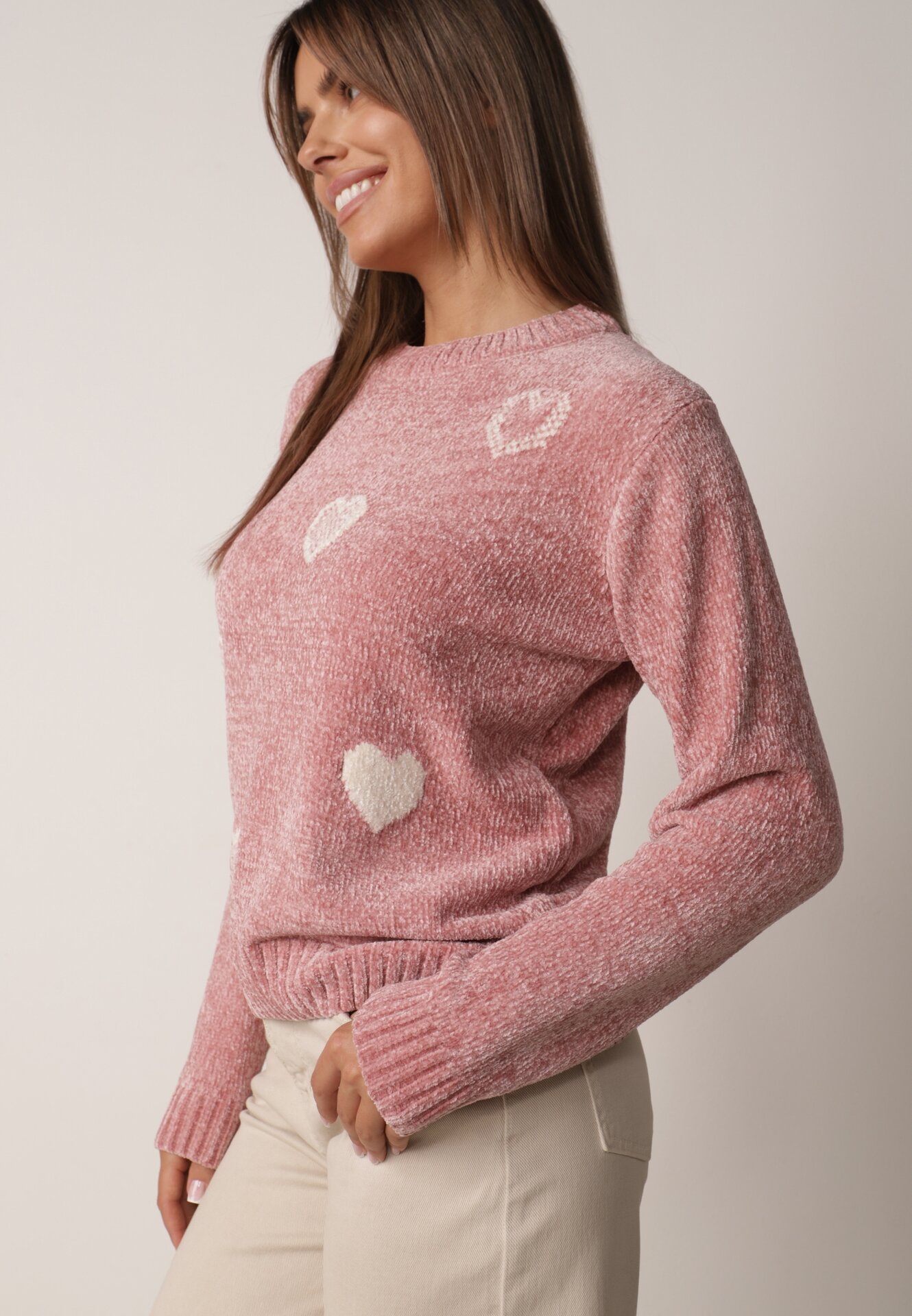 Pulover din bumbac, decorat cu motiv de inimi Lovric Roz