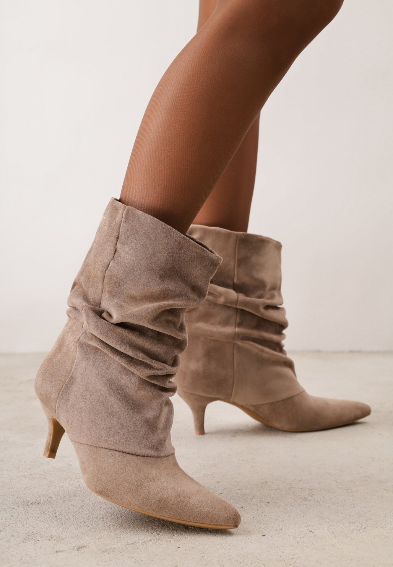 Botine cu toc stiletto tip kitten, cu carâmb drapat, Sarra Bej închis