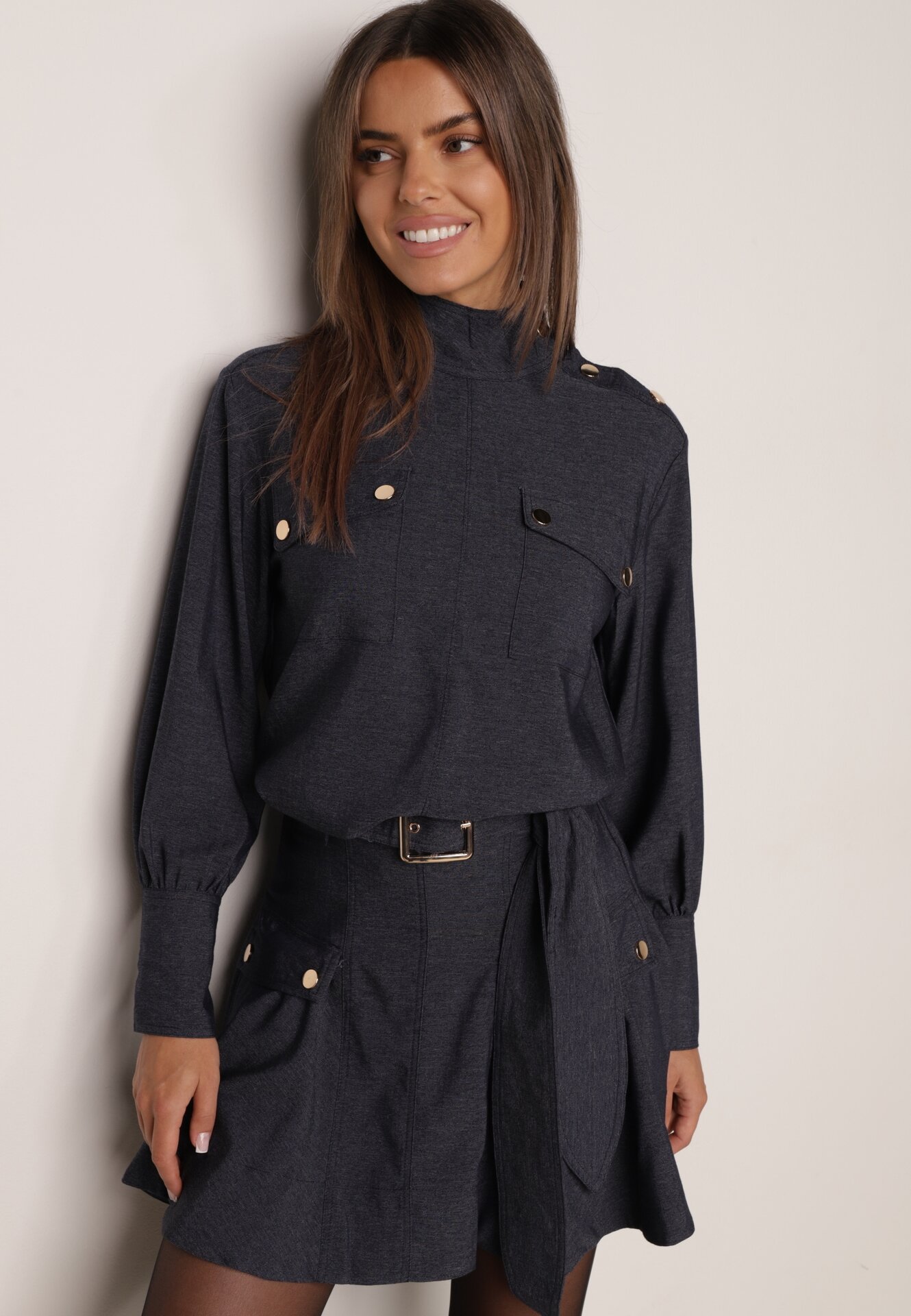 Set stil utility din viscoză: cămașă oversize și fustă evazată Pileni Bleumarin