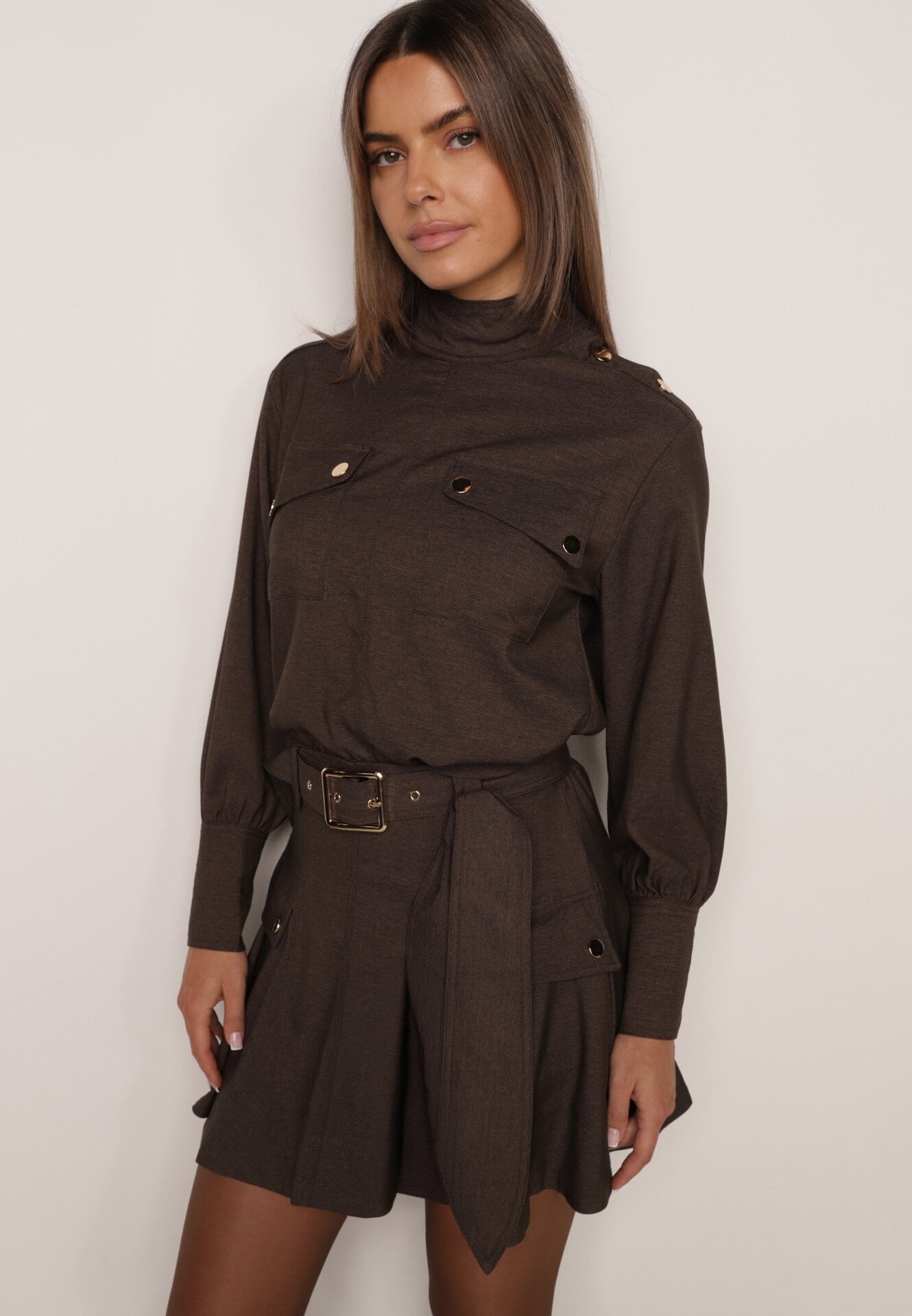 Set stil utility din viscoză: cămașă oversize și fustă evazată Pileni Maro
