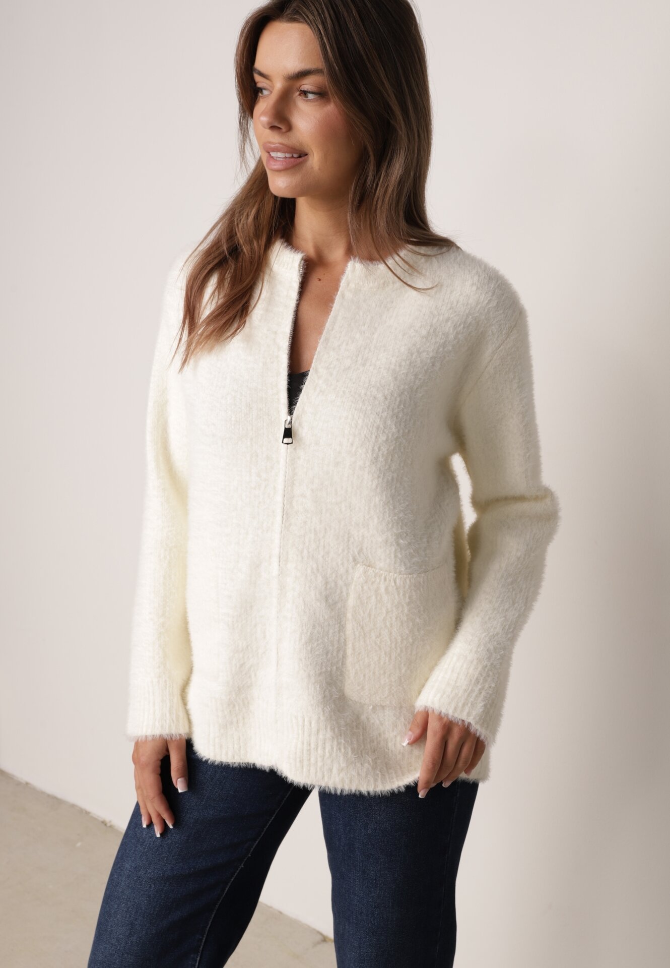Cardigan elegant cu fermoar din tricot pufos cu lână și bumbac, bretele scurte Bej deschis