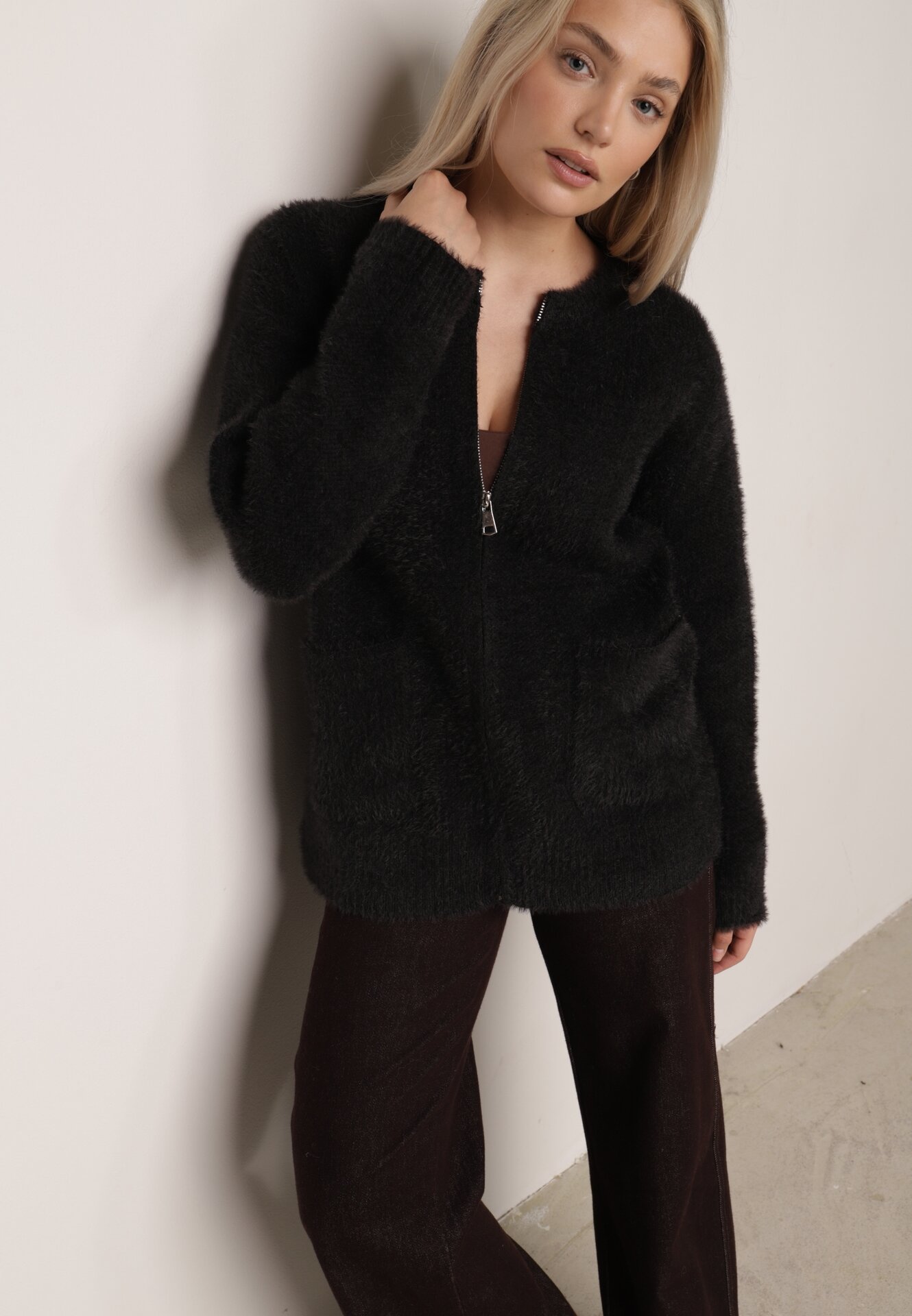 Cardigan elegant cu fermoar din tricot pufos cu lână și bumbac, bretele scurte Negru