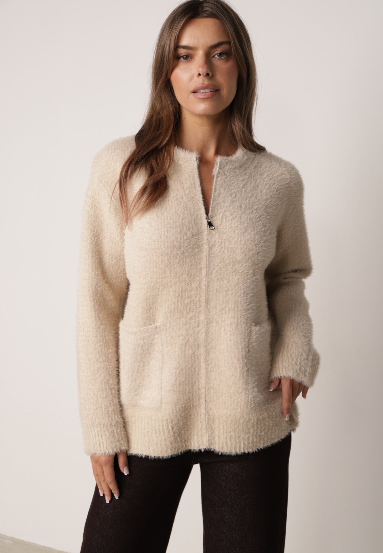 Cardigan elegant cu fermoar din tricot pufos cu lână și bumbac, bretele scurte Bej