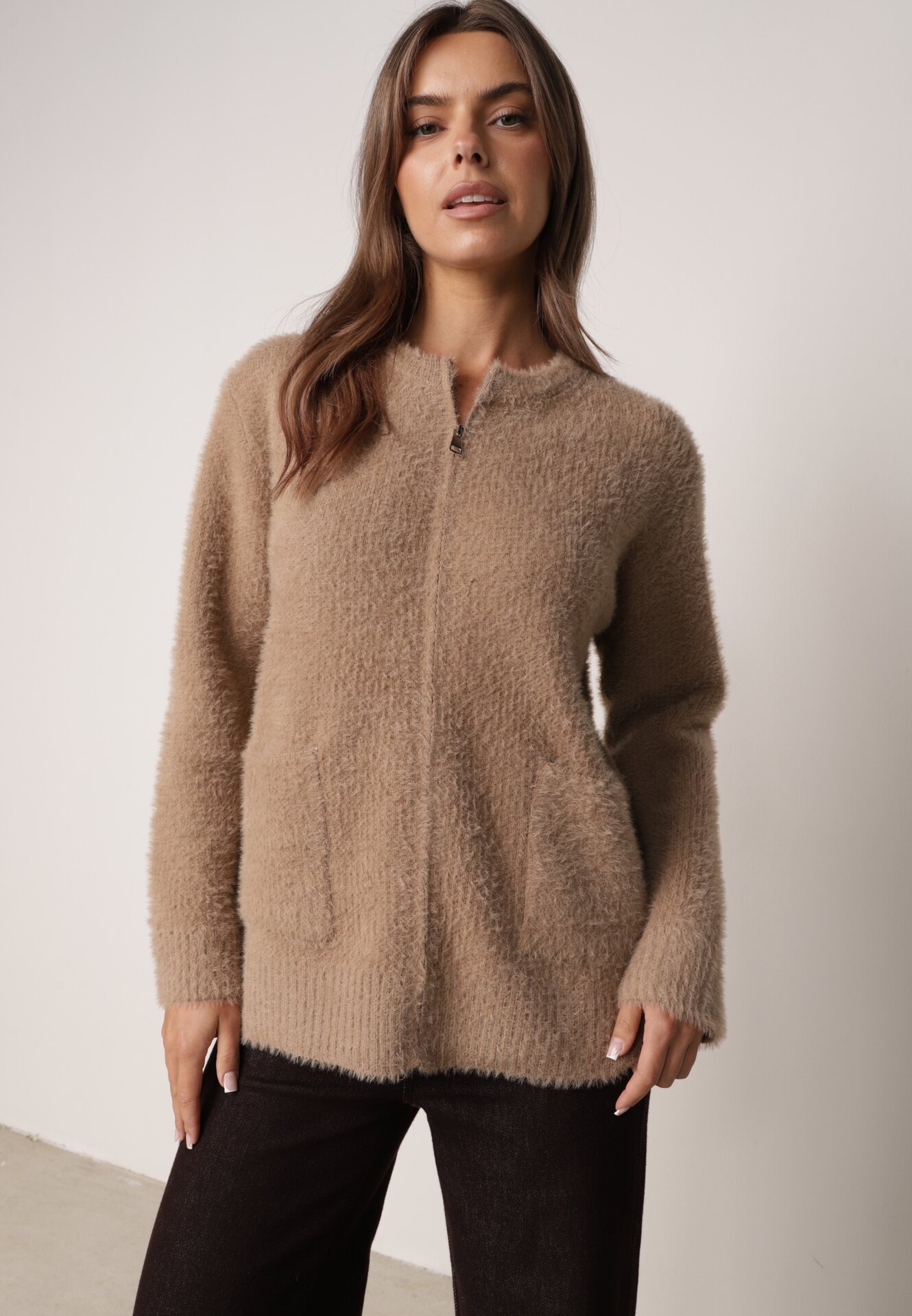 Cardigan elegant cu fermoar din tricot pufos cu lână și bumbac, bretele scurte Bej închis
