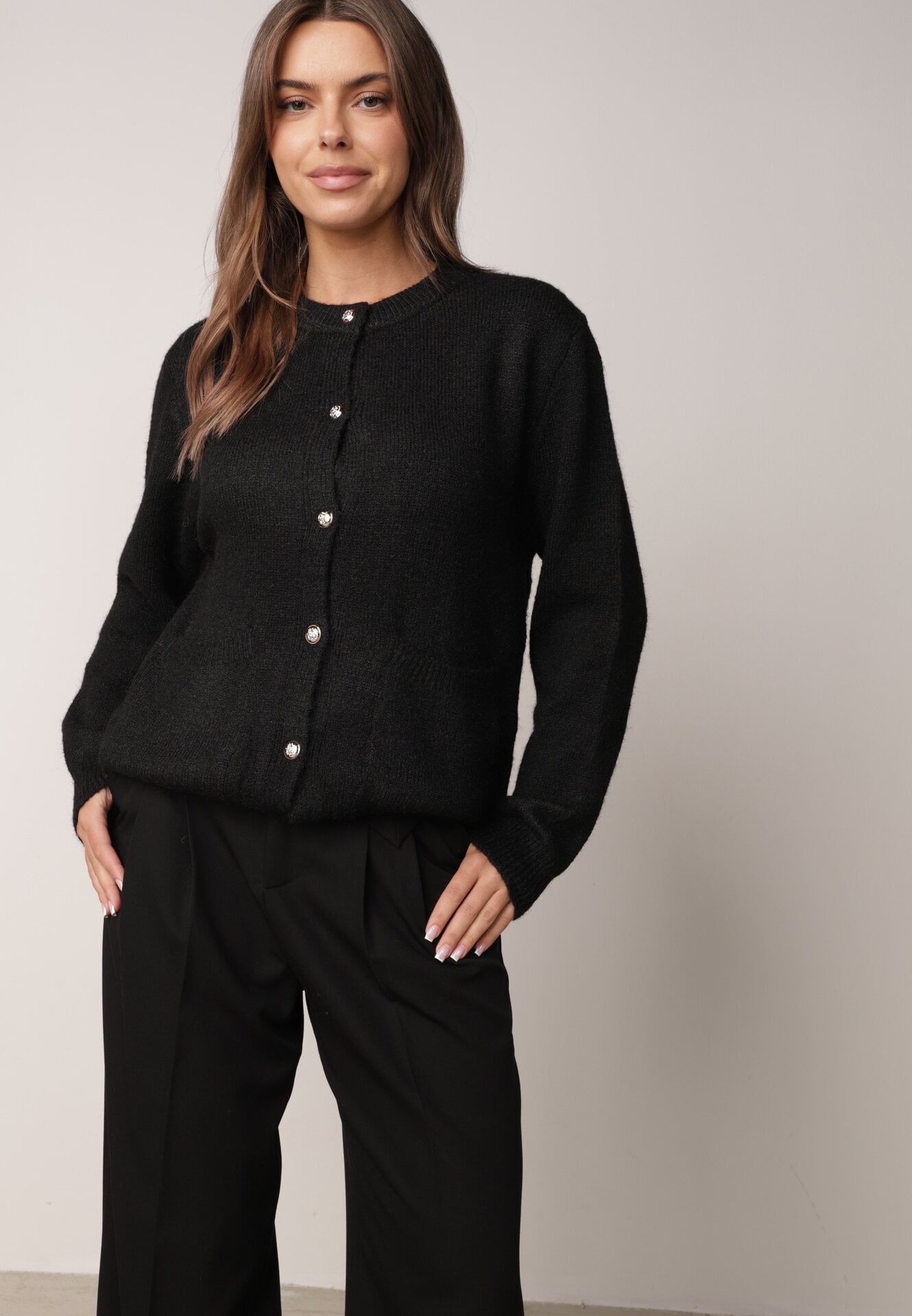 Cardigan cu lână și bumbac cu nasturi și buzunare elegante Orlandia Negru