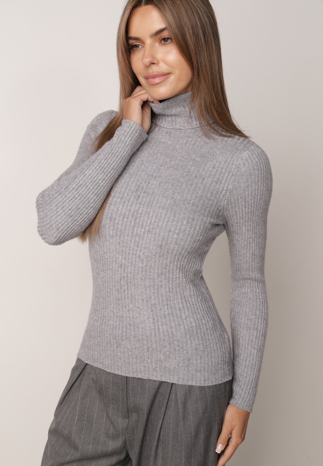 Asortat, elastic, cu guler înalt din bumbac din tricot reiat Sindhe Gri