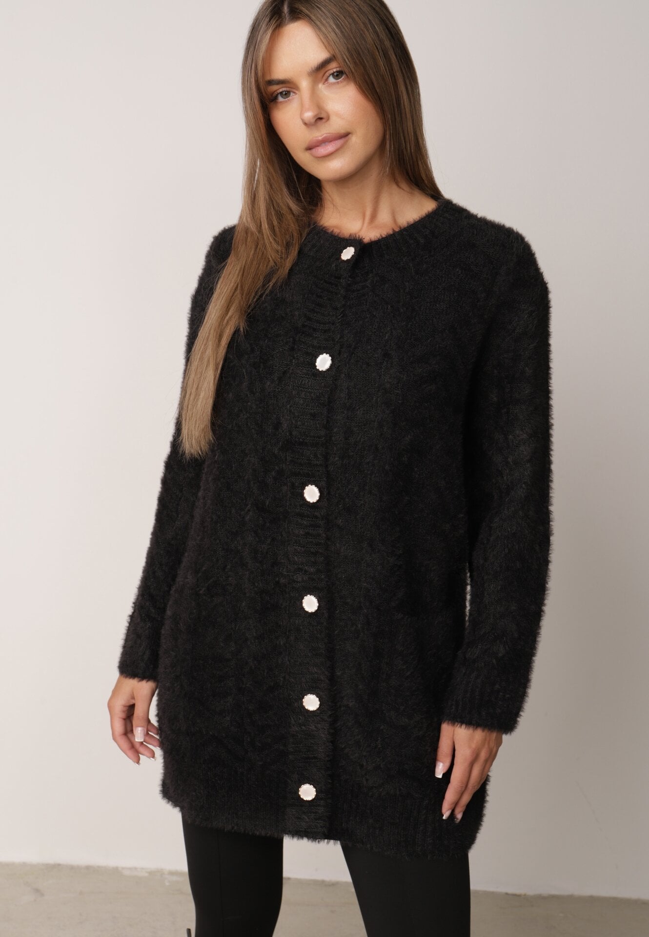 Cardigan din lână, croială lungă, cu buzunare și nasturi decorativi Opejta Negru