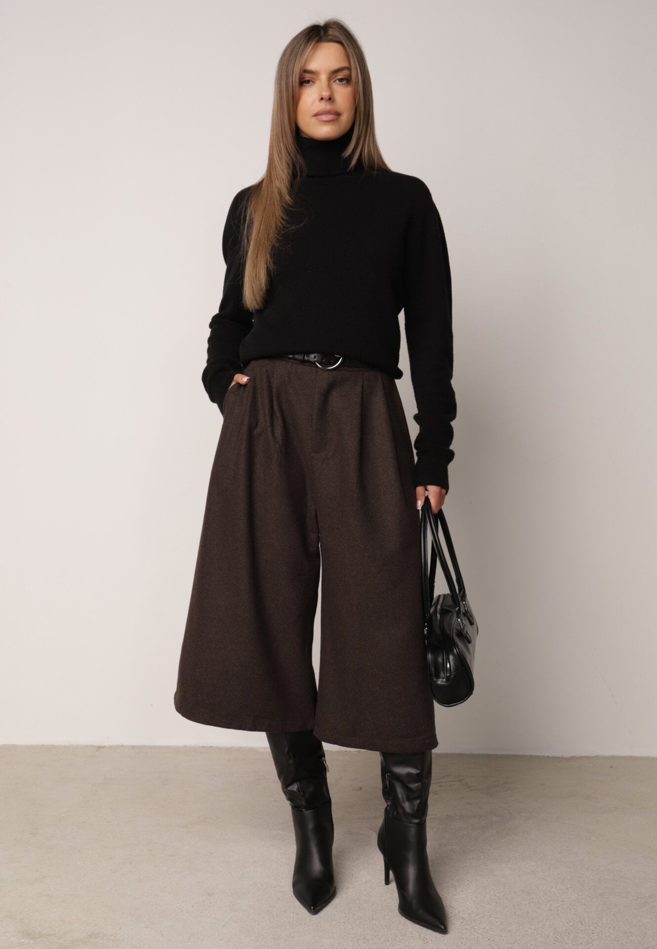Pantaloni Casual tip culotte din vâscoză și bumbac, cu curea cu cataramă Bisorte Maro