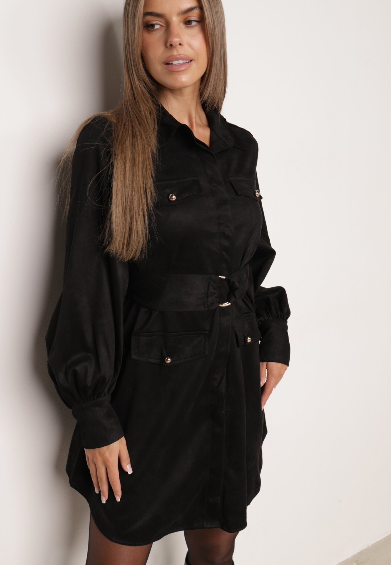 Rochie-cămașă în stil utility, cu textură de piele întoarsă Nirette Neagră