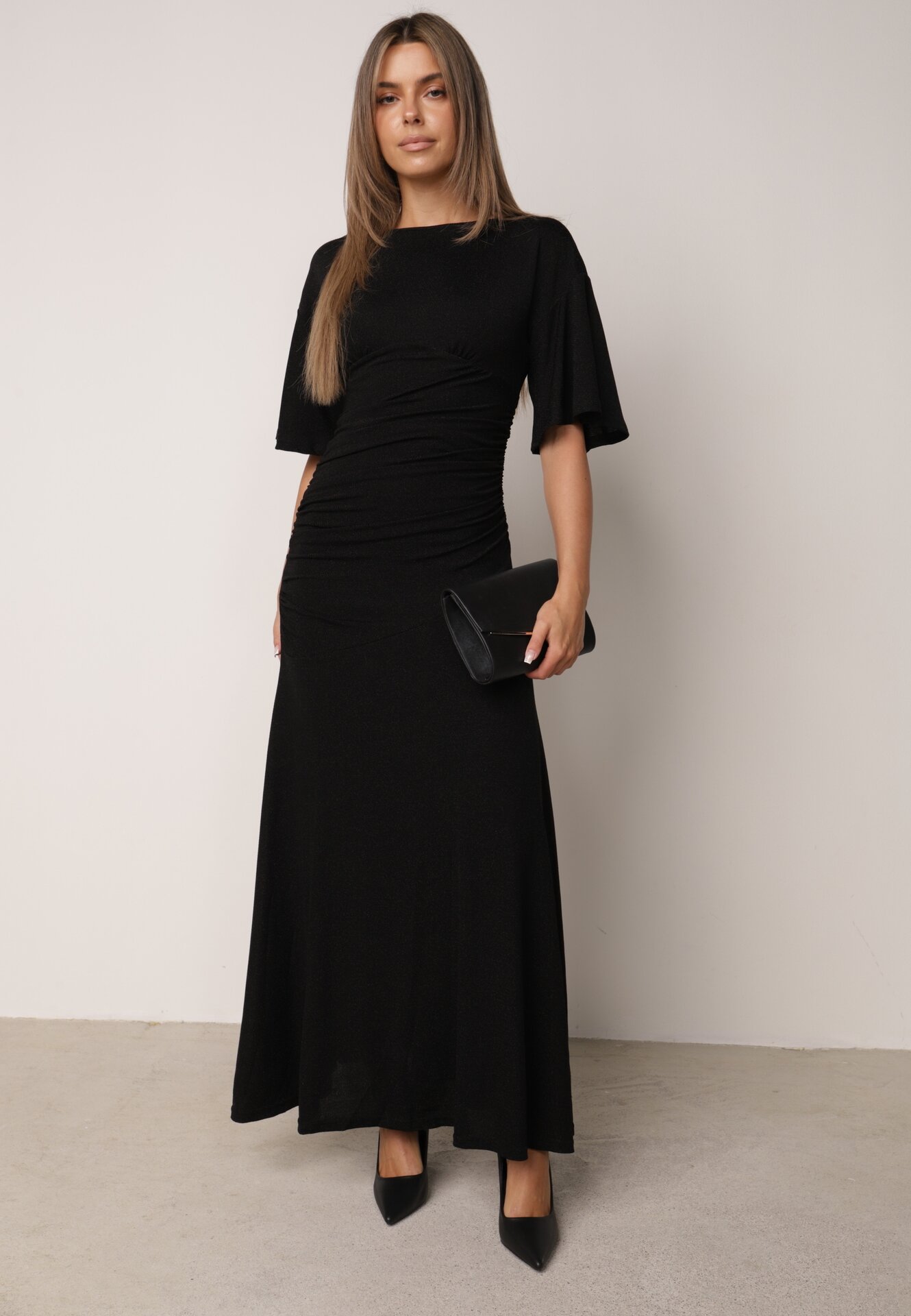 Rochie de seară plisată din țesătură cu sclipici Arollea Neagră
