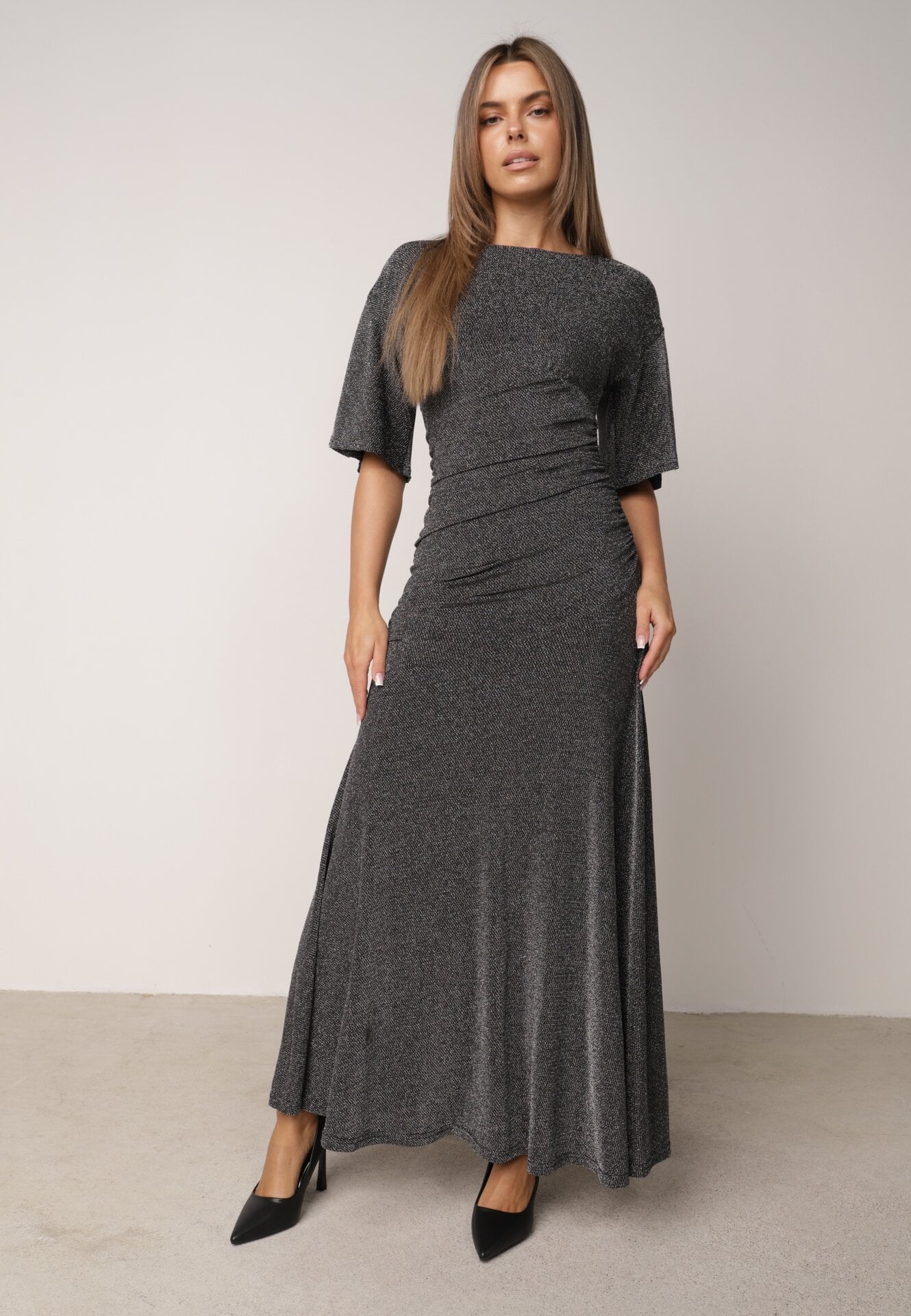 Rochie de seară plisată din țesătură cu sclipici Arollea Argintie
