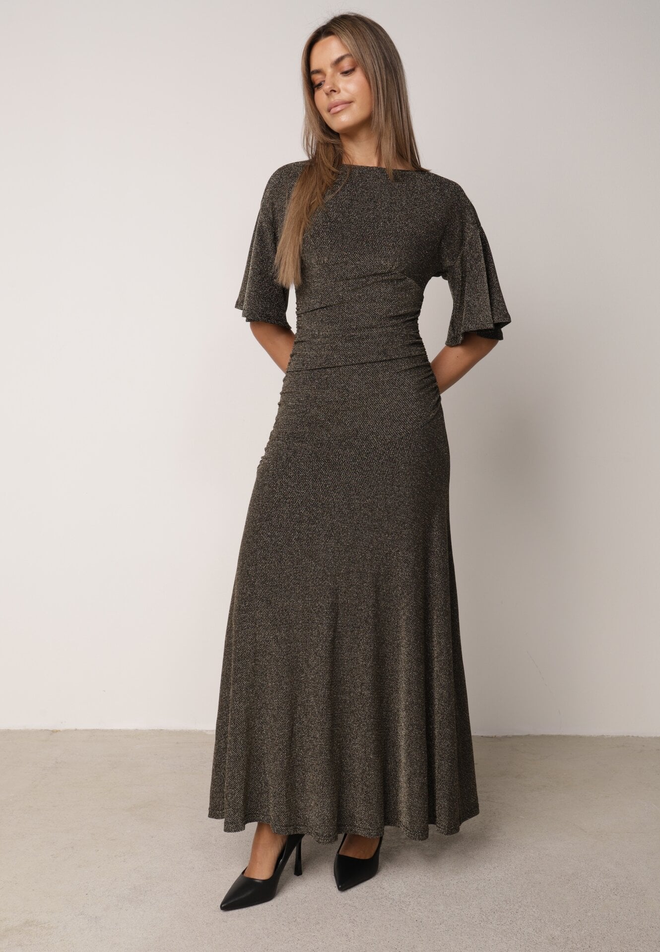 Rochie de seară plisată din țesătură cu sclipici Arollea Aurie