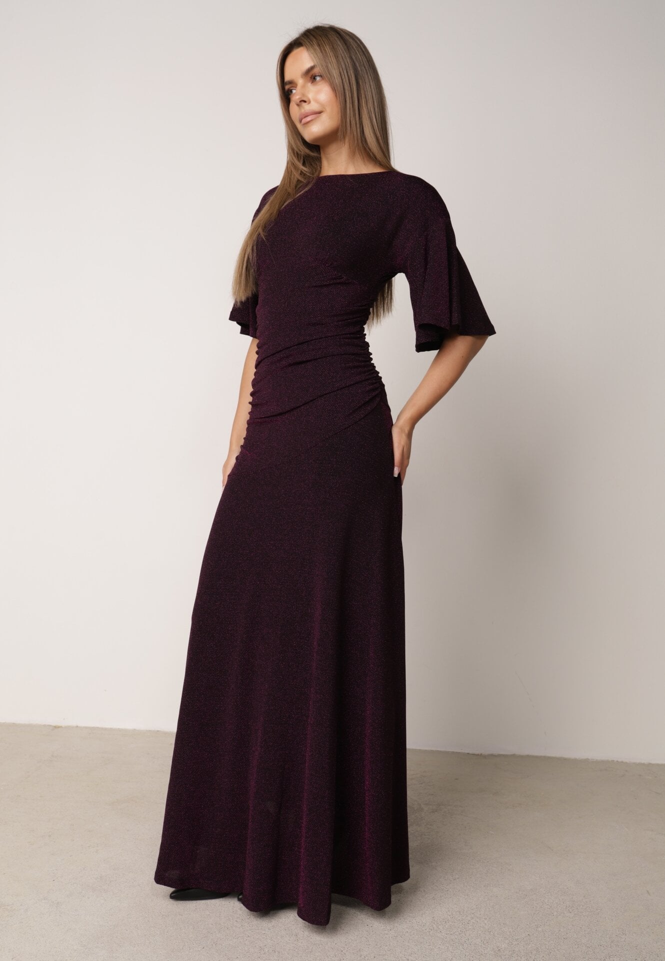 Rochie de seară plisată din țesătură cu sclipici Arollea Mov