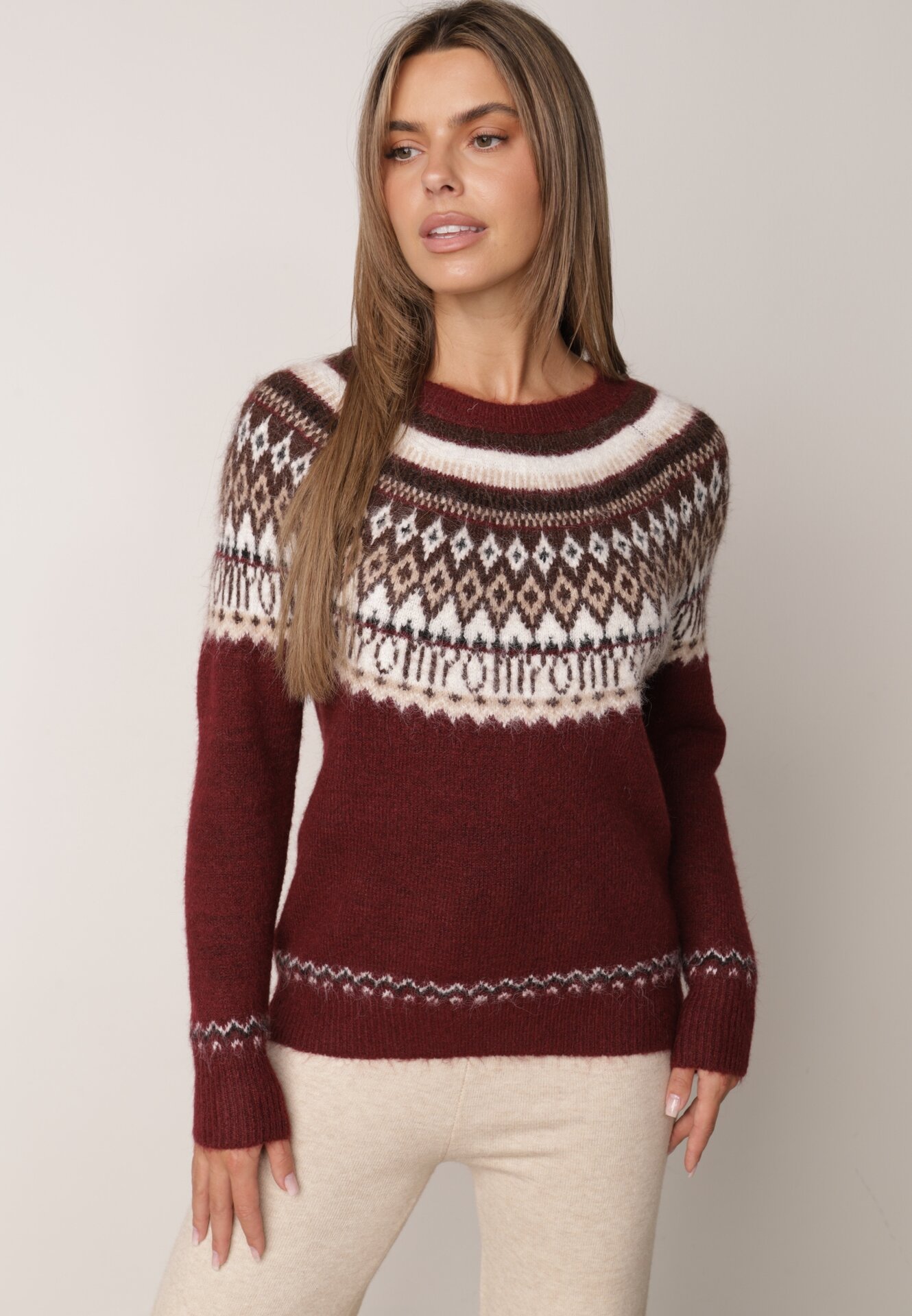 Pulover din lână și bumbac cu model norvegian Asames Bordo