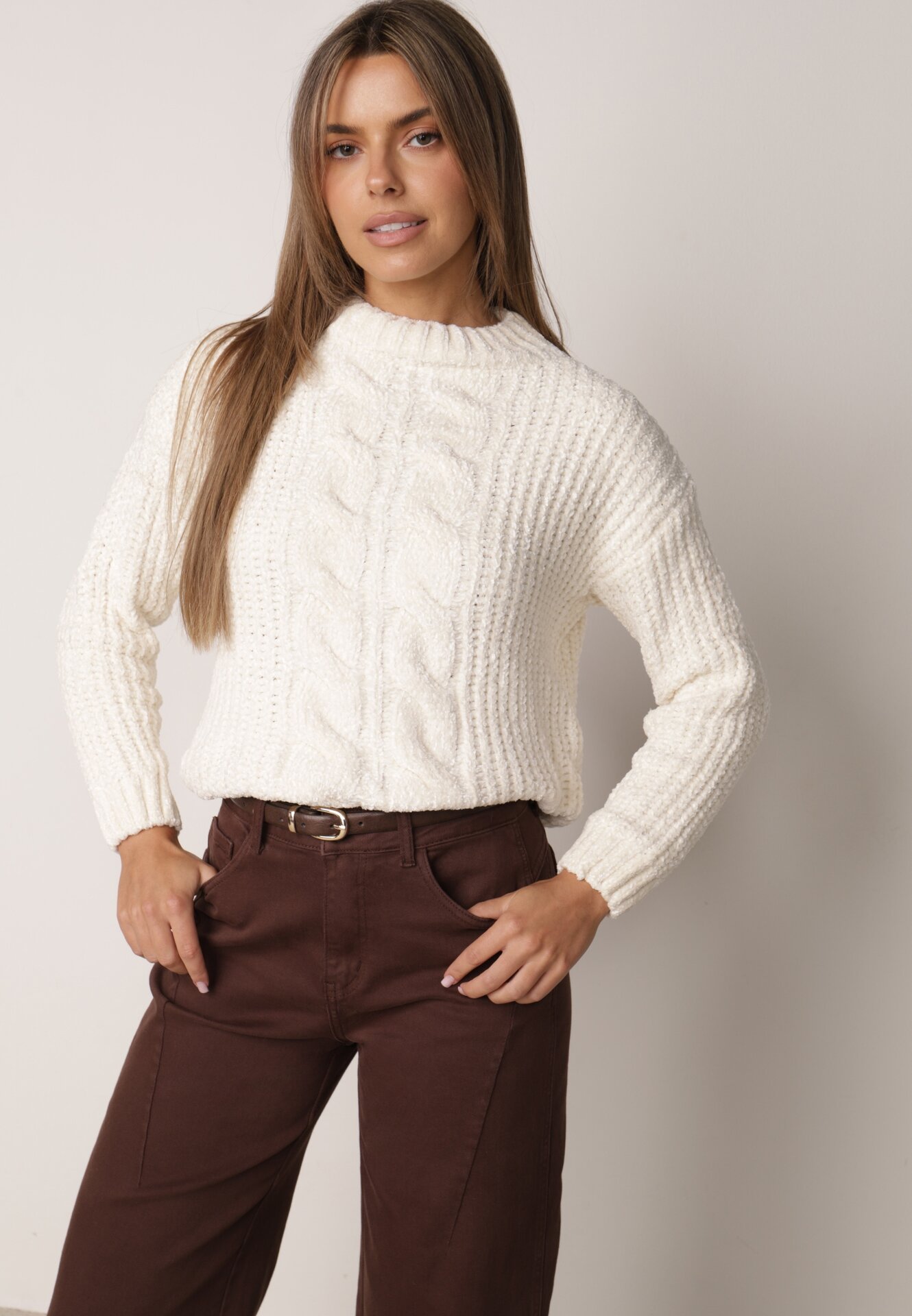 Pulover de iarnă cu manșete elastice și model împletit cu bumbac Jaspis Bej deschis