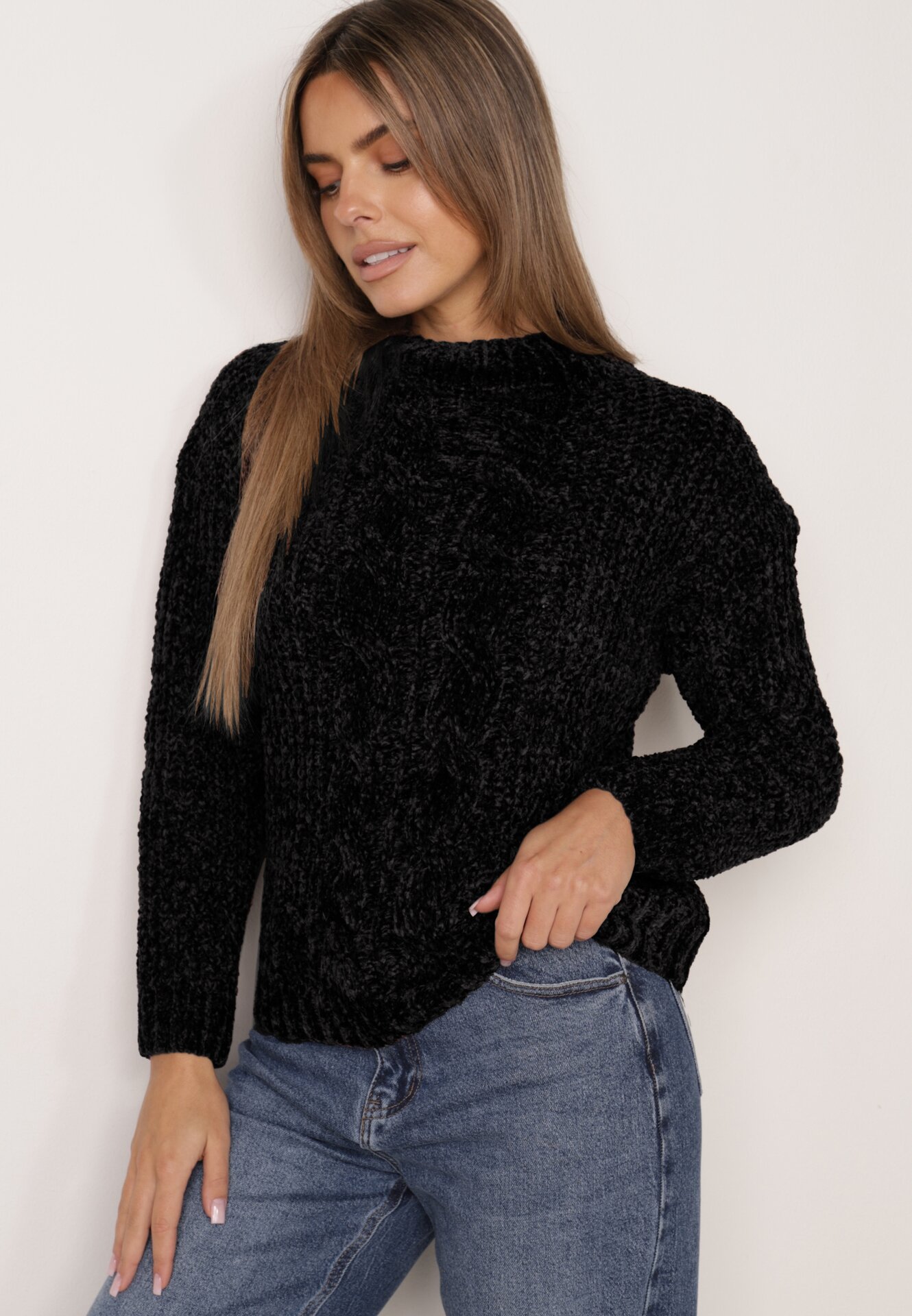 Pulover de iarnă cu manșete elastice și model împletit cu bumbac Jaspis Negru