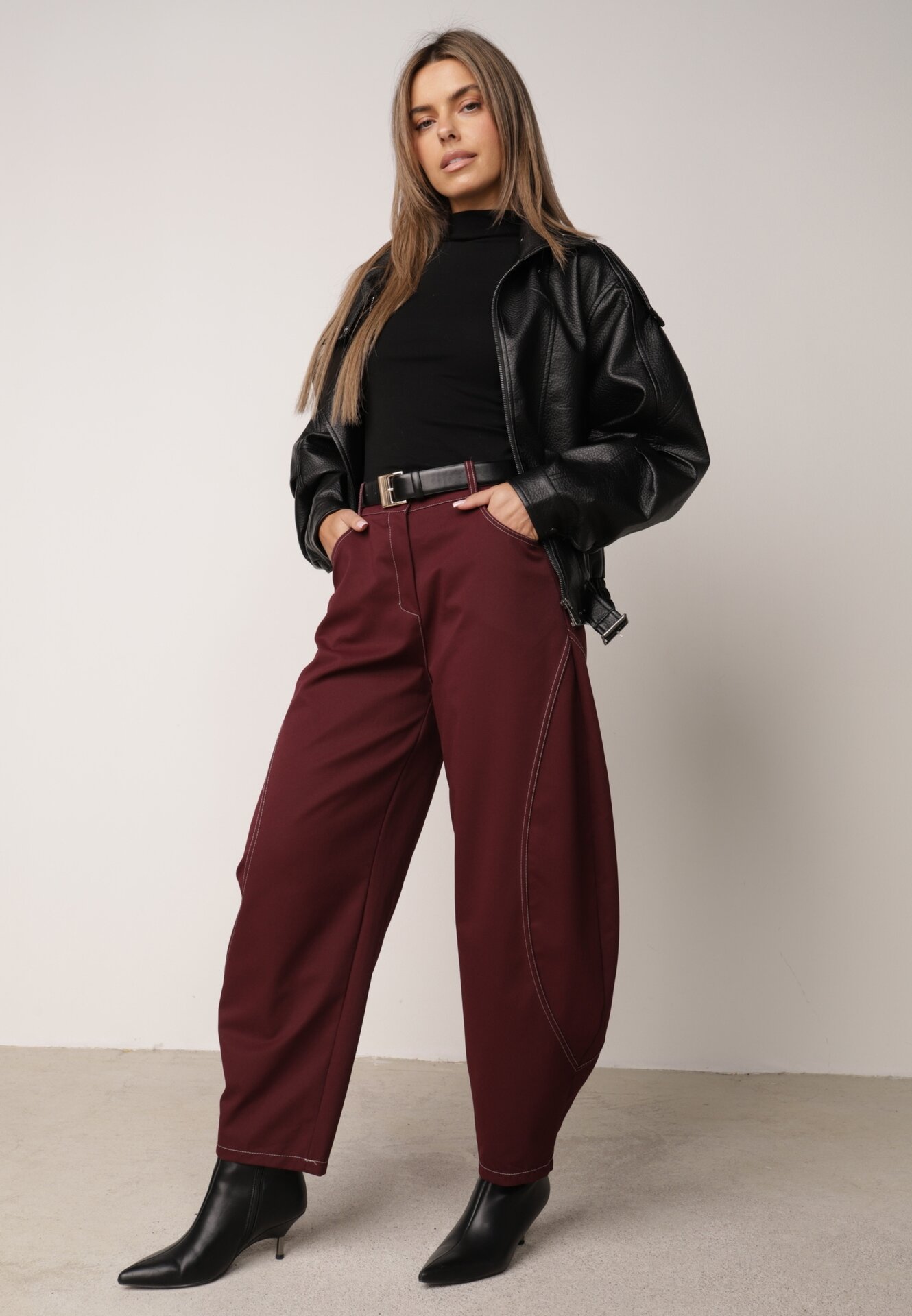 Pantaloni Casual Balloon cu cusături contrastante Aretuza Bordo