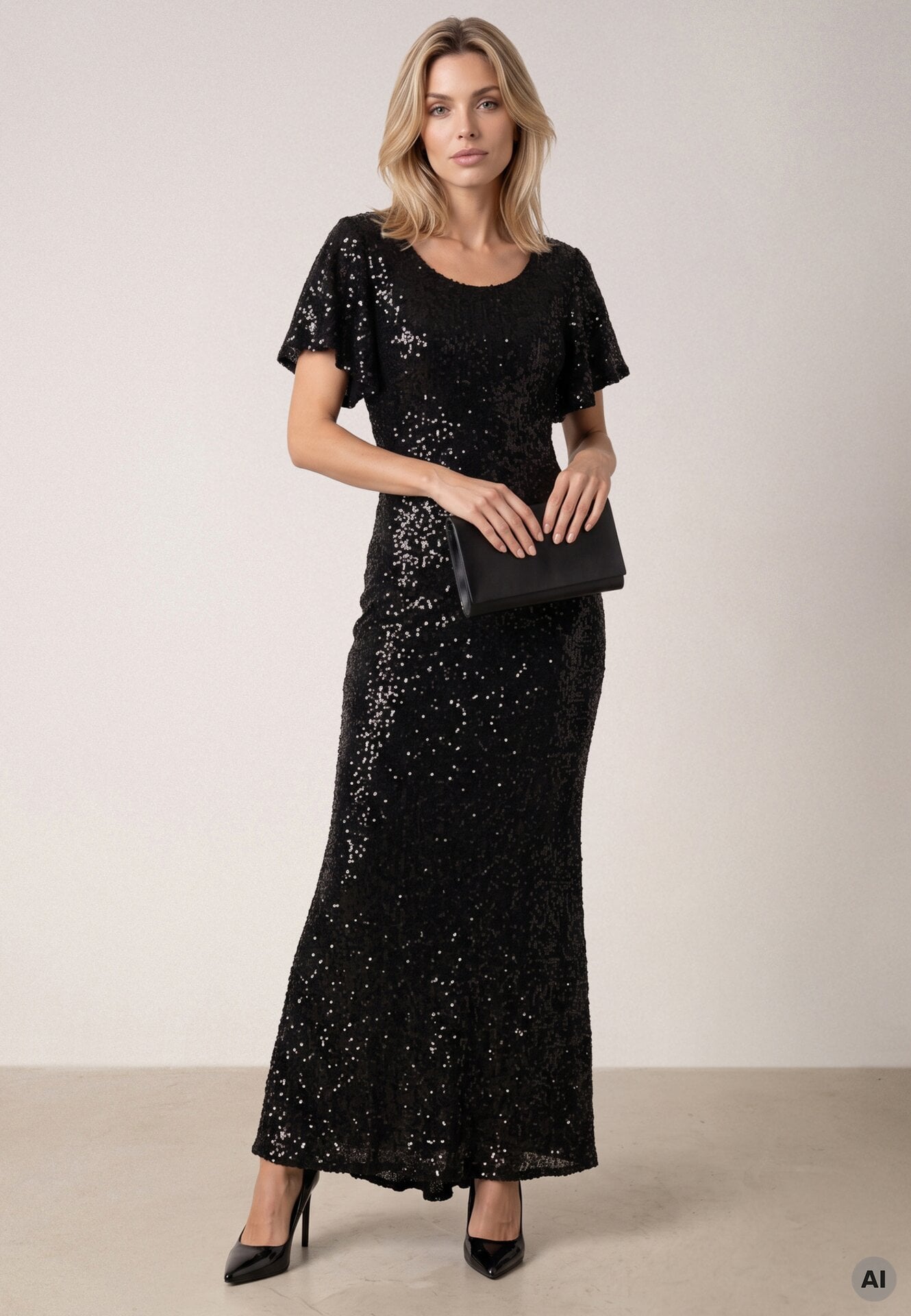 Rochie elegantă cu paiete și mâneci fluture Vialette Neagră