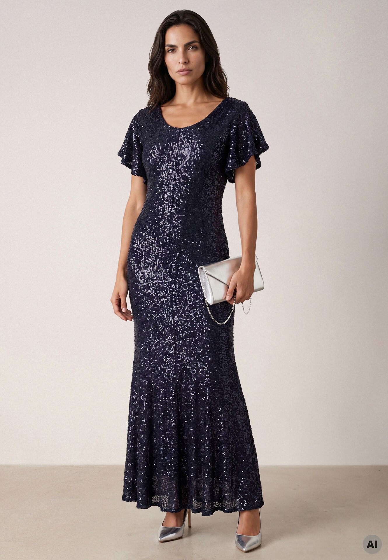 Rochie elegantă cu paiete și mâneci fluture Vialette Bleumarin
