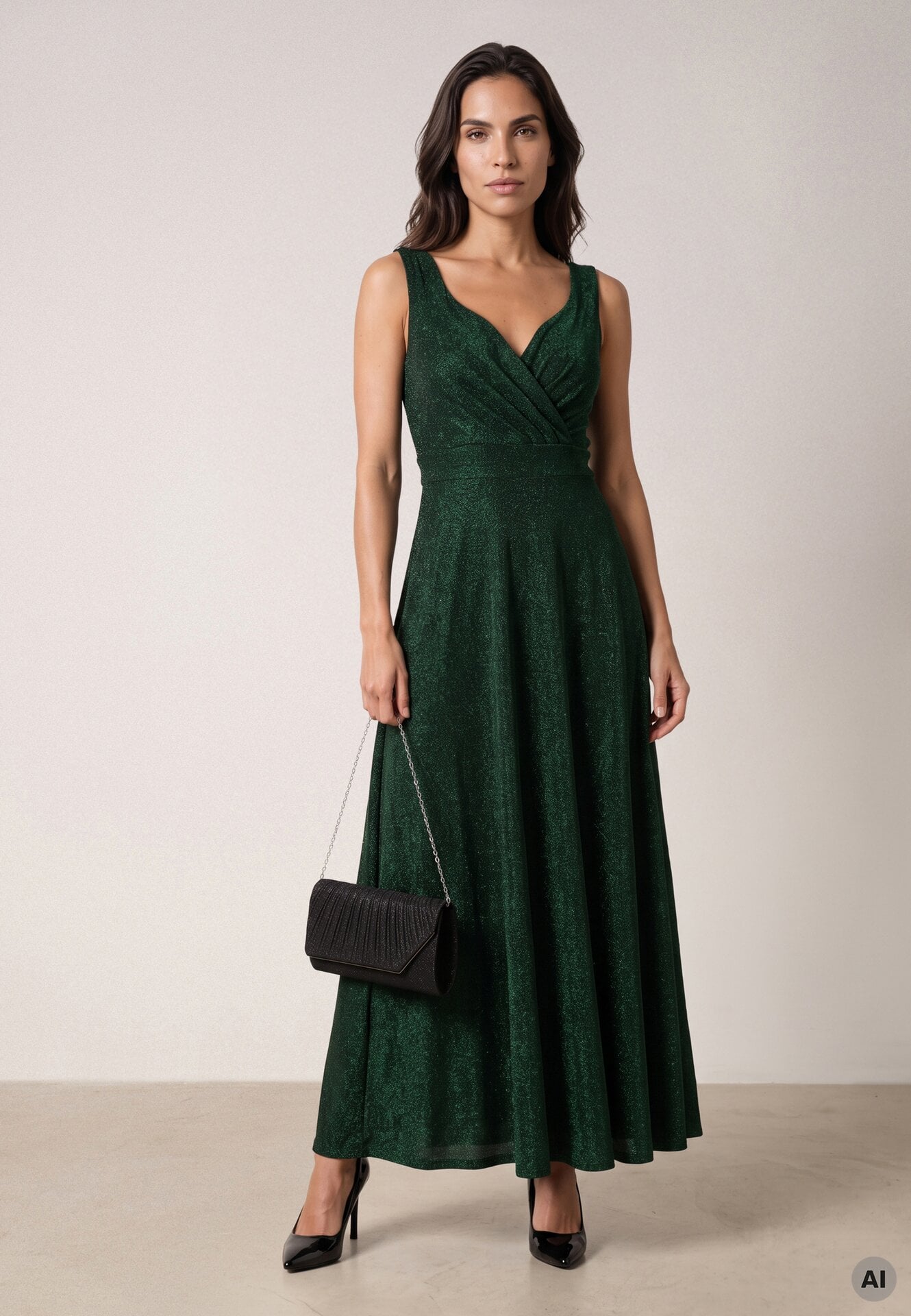 Rochie de seară cu sclipici și decolteu petrecut Aconivea Verde