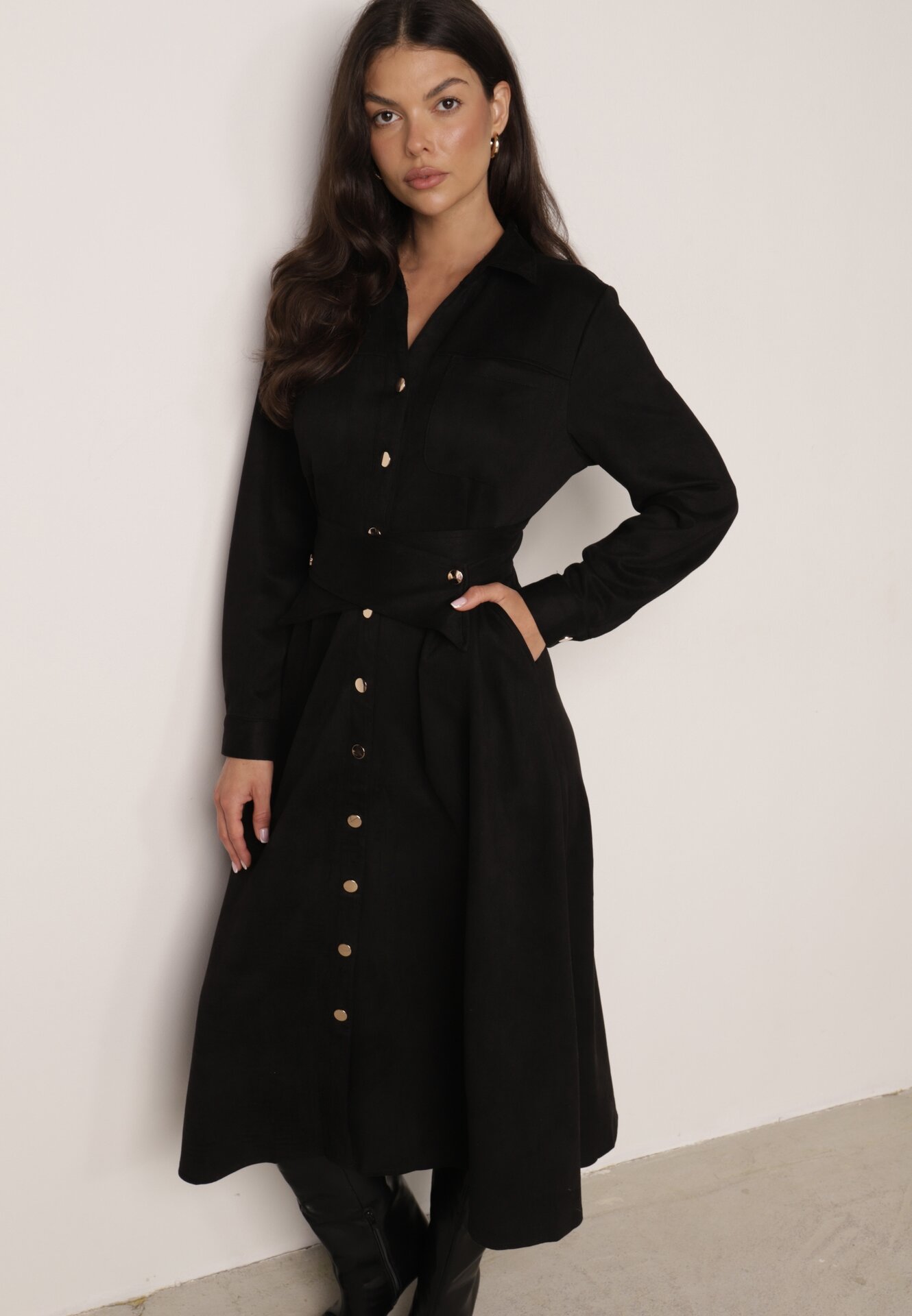 Rochie cămașă clasică din imitație de piele întoarsă Simmeria Neagră