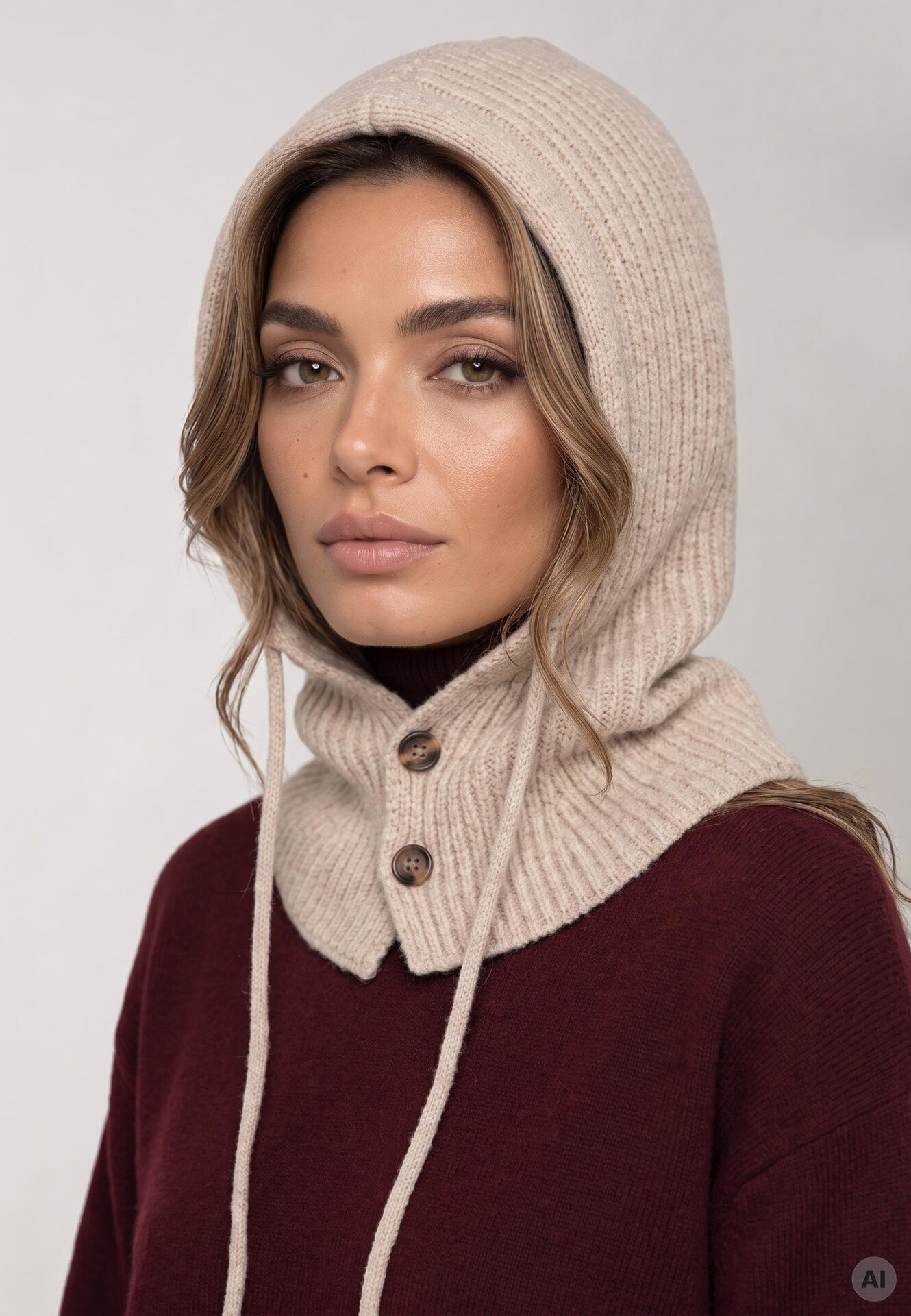 Căciulă tip șal cu adaos de lână, cu model în dungi, decorată cu șnururi Chrisele Bej