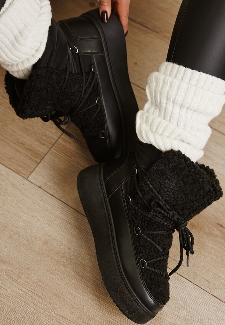 Cizme de zăpadă Negre Înșiretați Vices pe Talpă Groasă Decorate cu Blană Nomizola