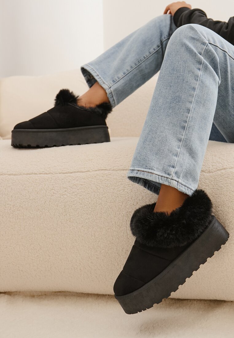 Ghete de zăpadă Negre pe Platformă cu Blană Răsfrântă Tiriola