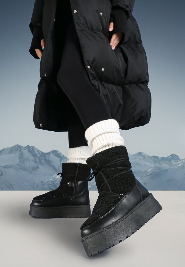 Cizme de zăpadă Negre Vices pe talpă groasă Decorate cu șireturi și blană Ravanelle