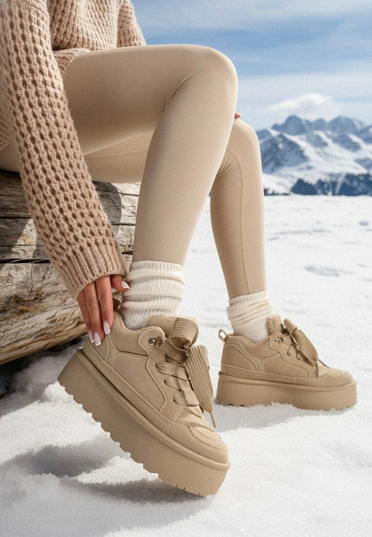 Sneakerși Vices Bej închis pe Platformă cu Blană Decorativă Nalirea