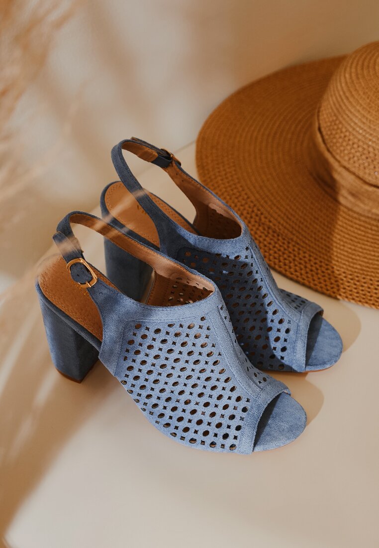 Sandale Albastre Decupate cu Toc și cu Branț din Piele Linwena