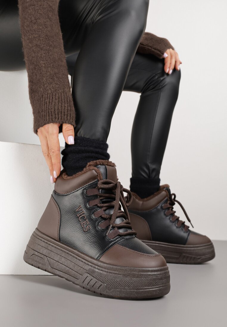 Adidași Negri-Maro tip ghete de zăpadă Vices cu Talpă Groasă cu Relief Decorate cu Inscripția Fettania